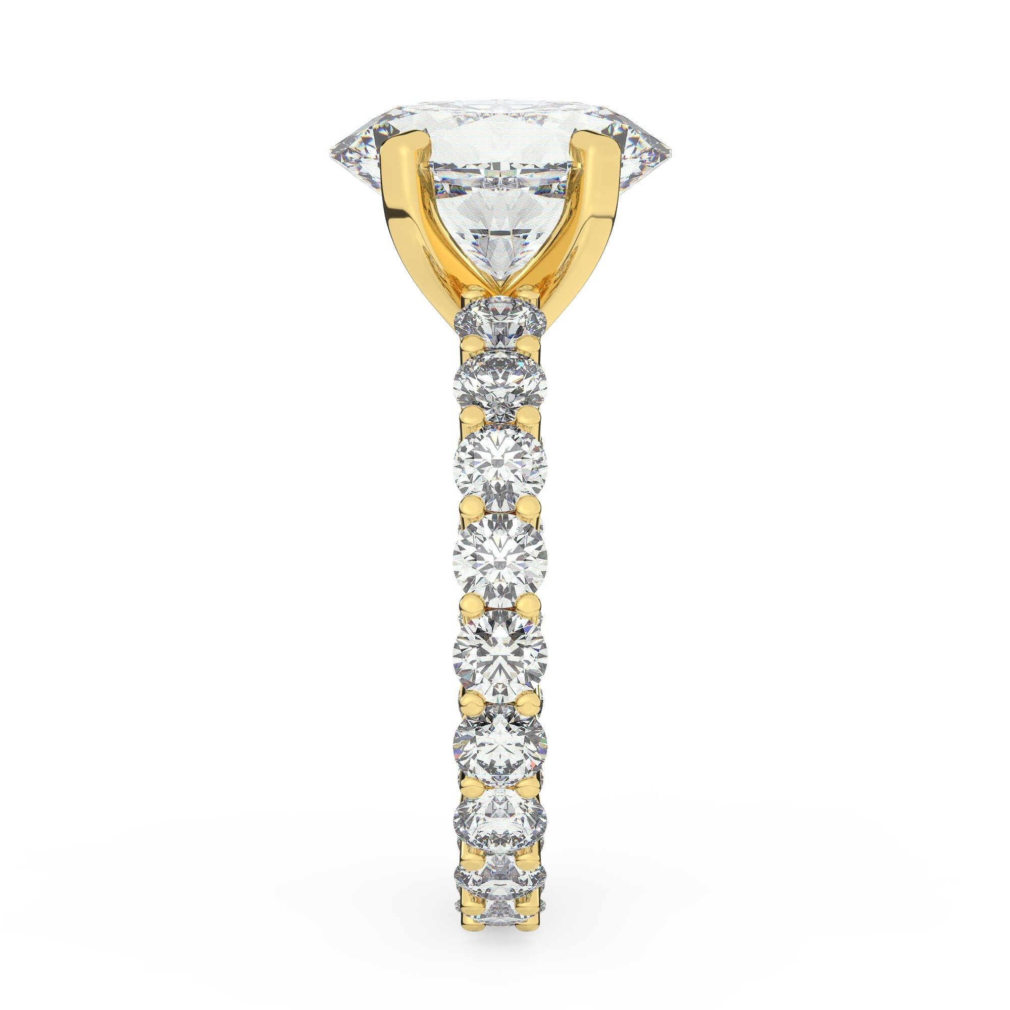 טבעת אירוסין סוליטר ומוסונייט בצדדים איטרנטיני דגם 50044 כסף מצופה זהב צהוב במרכז אבן מעבדה מוסונייט 3 קראט בחיתוך אובל עם תעודה גמולוגית בינלאומית GRA מסביב ובצדדים אבני מעבדה מוסונייט במשקל כולל של 1.80 קראט בחיתוך עגול – תמונה 4