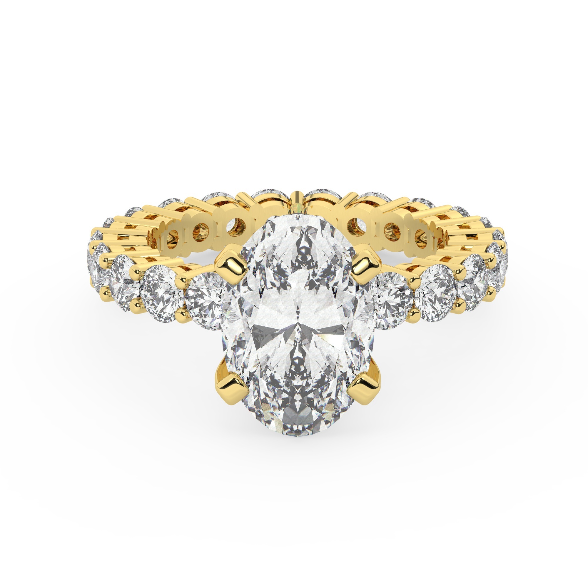 טבעת אירוסין סוליטר ומוסונייט בצדדים איטרנטיני דגם 50044 כסף מצופה זהב צהוב במרכז אבן מעבדה מוסונייט 3 קראט בחיתוך אובל עם תעודה גמולוגית בינלאומית GRA מסביב ובצדדים אבני מעבדה מוסונייט במשקל כולל של 1.80 קראט בחיתוך עגול – תמונה 2