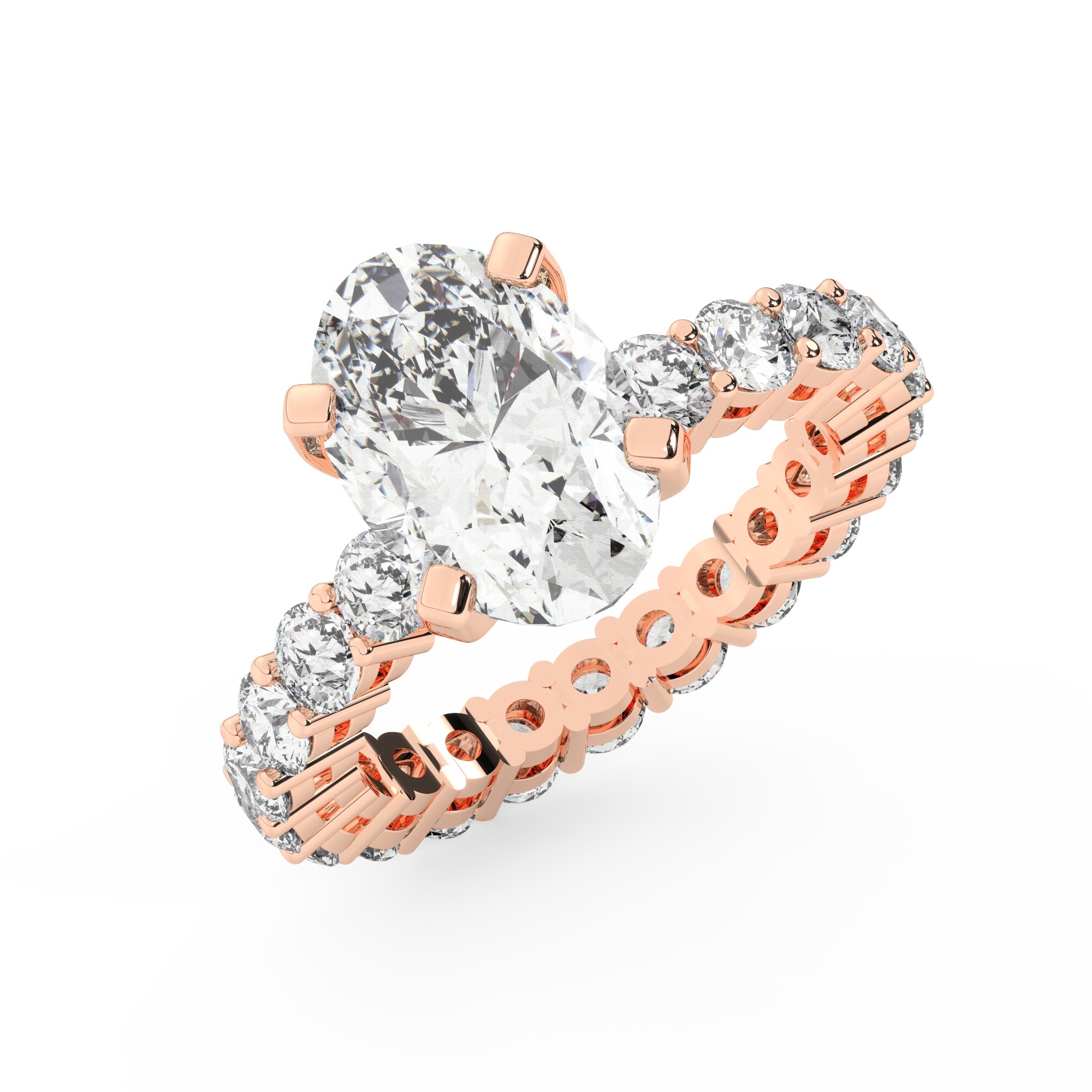 טבעת אירוסין סוליטר ומוסונייט בצדדים איטרנטיני דגם 50044 כסף מצופה זהב אדום רוזגולד במרכז אבן מעבדה מוסונייט 3 קראט בחיתוך אובל עם תעודה גמולוגית בינלאומית GRA מסביב ובצדדים אבני מעבדה מוסונייט במשקל כולל של 1.80 קראט בחיתוך עגול