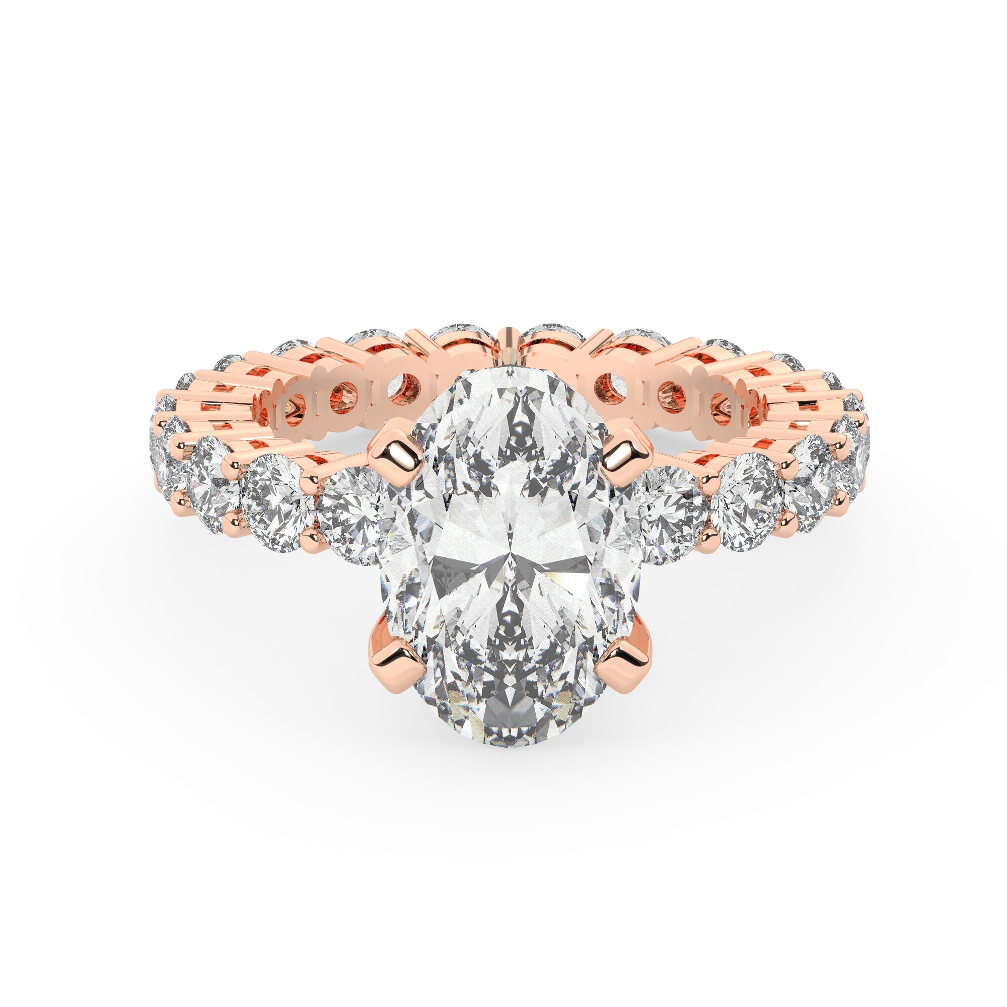 טבעת אירוסין סוליטר ומוסונייט בצדדים איטרנטיני דגם 50044 כסף מצופה זהב אדום רוזגולד במרכז אבן מעבדה מוסונייט 3 קראט בחיתוך אובל עם תעודה גמולוגית בינלאומית GRA מסביב ובצדדים אבני מעבדה מוסונייט במשקל כולל של 1.80 קראט בחיתוך עגול – תמונה 2