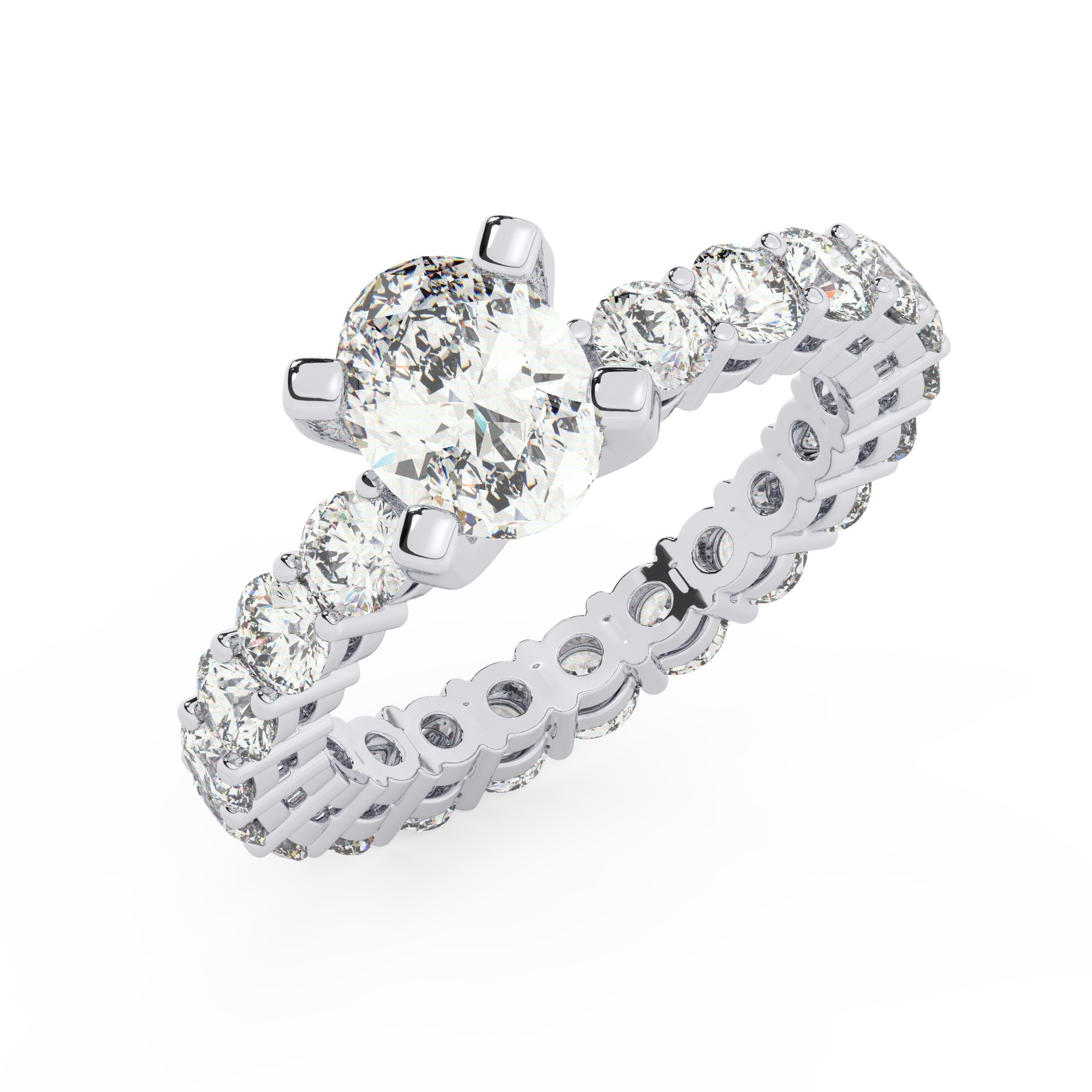 טבעת אירוסין סוליטר ומוסונייט בצדדים איטרנטיני דגם 50044 כסף מצופה זהב לבן במרכז אבן מעבדה מוסונייט 0.50 קראט בחיתוך אובל עם תעודה גמולוגית מסביב ובצדדים אבני מעבדה מוסונייט במשקל כולל של 1.80 קראט בחיתוך עגול