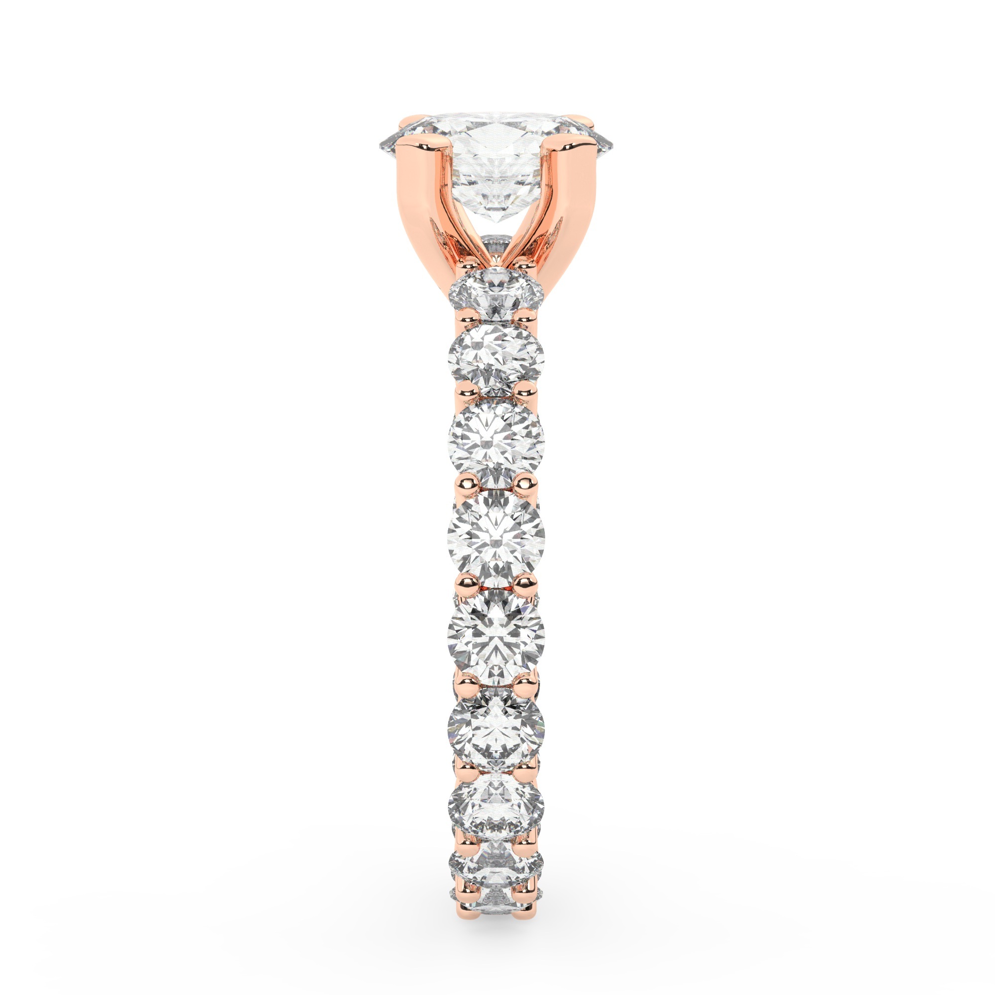 טבעת אירוסין סוליטר ומוסונייט בצדדים איטרנטיני דגם 50044 כסף מצופה זהב אדום רוזגולד במרכז אבן מעבדה מוסונייט 0.50 קראט בחיתוך אובל עם תעודה גמולוגית מסביב ובצדדים אבני מעבדה מוסונייט במשקל כולל של 1.80 קראט בחיתוך עגול – תמונה 4