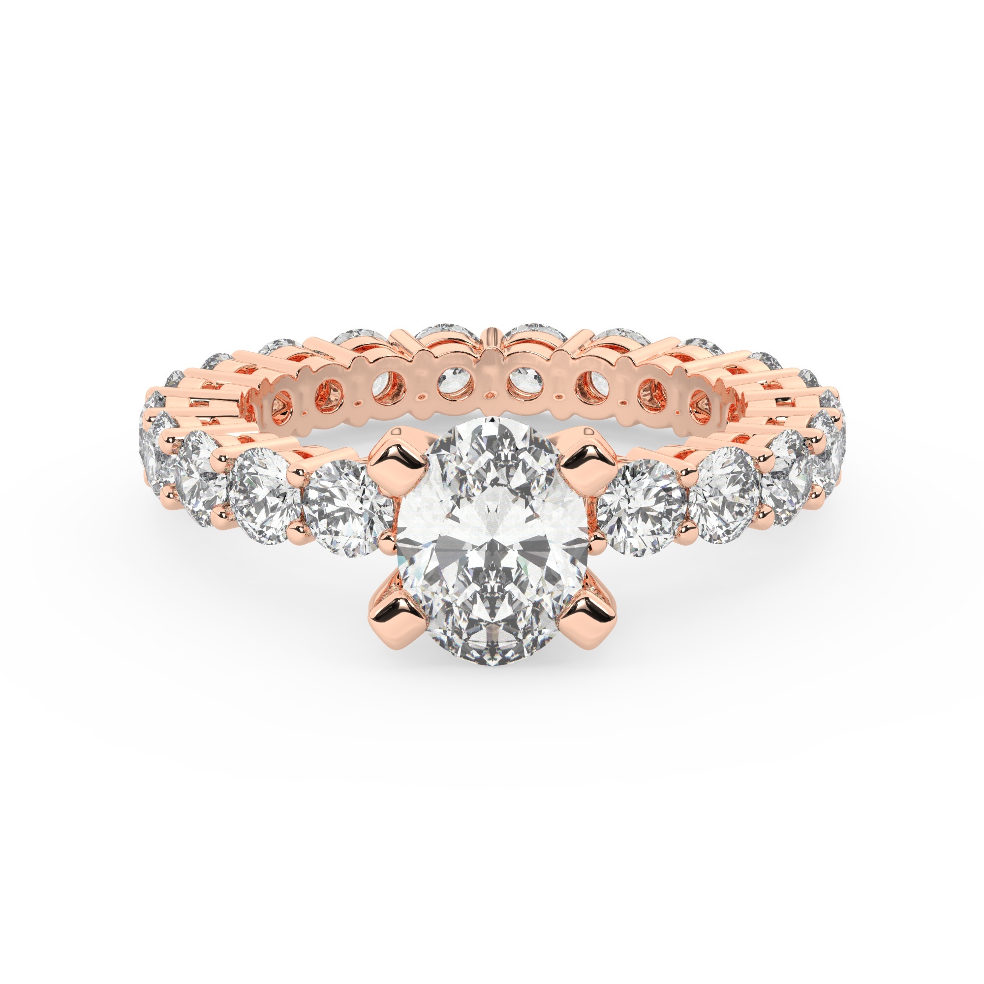 טבעת אירוסין סוליטר ומוסונייט בצדדים איטרנטיני דגם 50044 כסף מצופה זהב אדום רוזגולד במרכז אבן מעבדה מוסונייט 0.50 קראט בחיתוך אובל עם תעודה גמולוגית מסביב ובצדדים אבני מעבדה מוסונייט במשקל כולל של 1.80 קראט בחיתוך עגול – תמונה 2