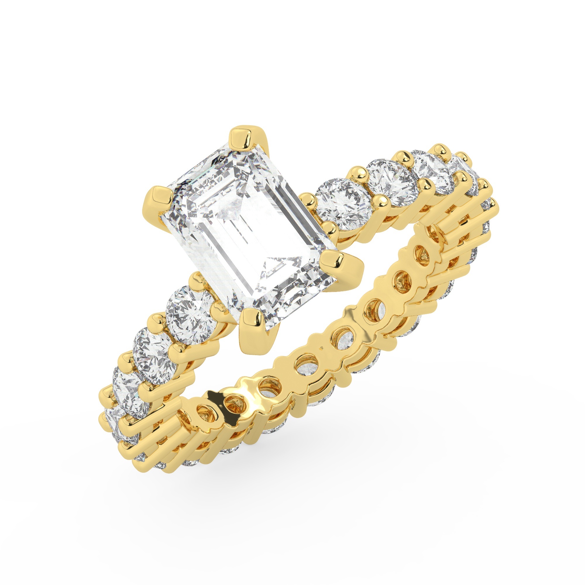 טבעת אירוסין סוליטר וזירקונים בצדדים איטרנטיני דגם 50044 זהב צהוב 14 קראט במרכז זירקוניה 1 קראט בחיתוך אמרלד מסביב ובצדדים זירקונים בחיתוך עגול