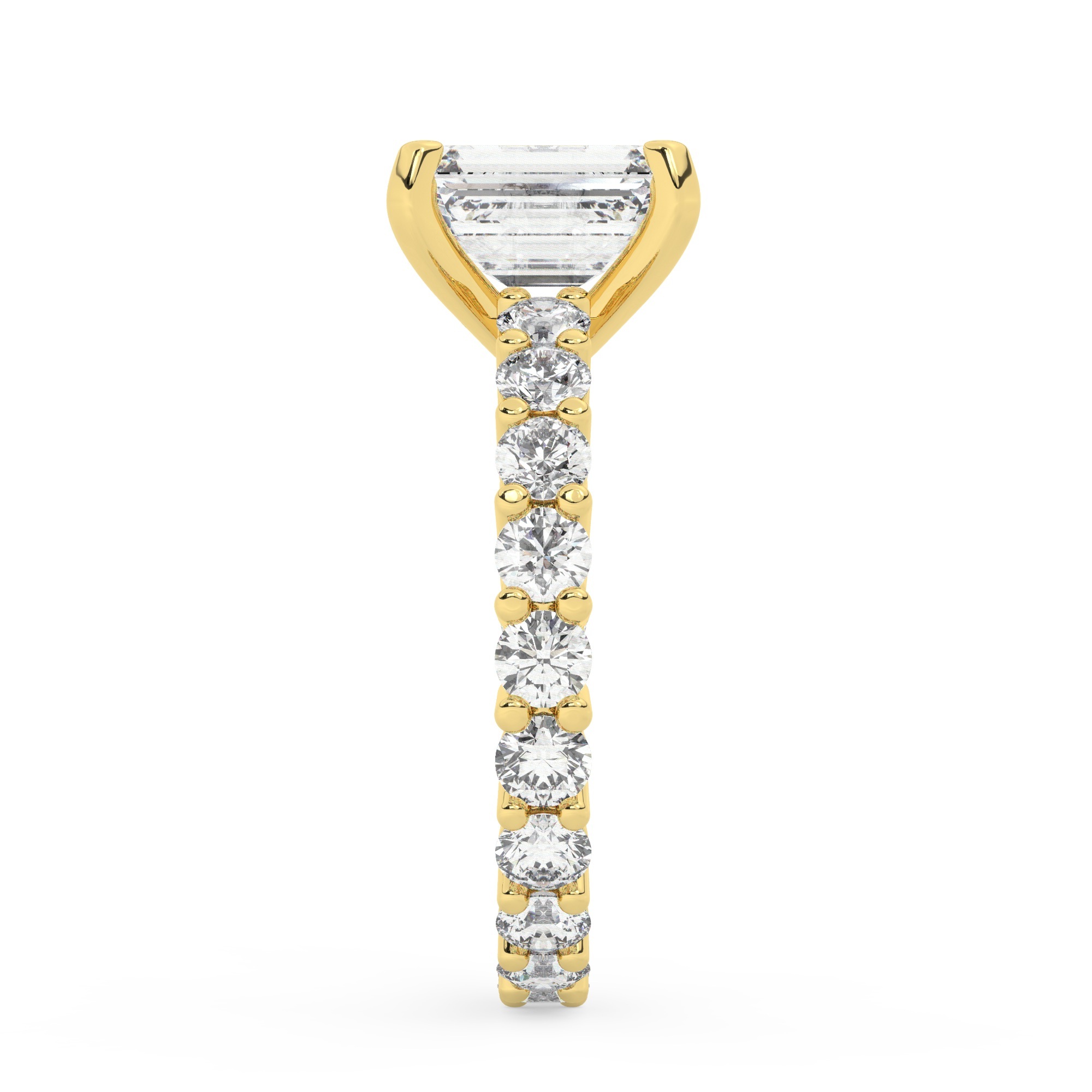 טבעת אירוסין סוליטר ומוסונייט בצדדים איטרנטיני דגם 50044 כסף מצופה זהב צהוב במרכז אבן מעבדה מוסונייט 1 קראט בחיתוך אמרלד עם תעודה גמולוגית בינלאומית GRA מסביב ובצדדים אבני מעבדה מוסונייט במשקל כולל של 1.80 קראט בחיתוך עגול – תמונה 4