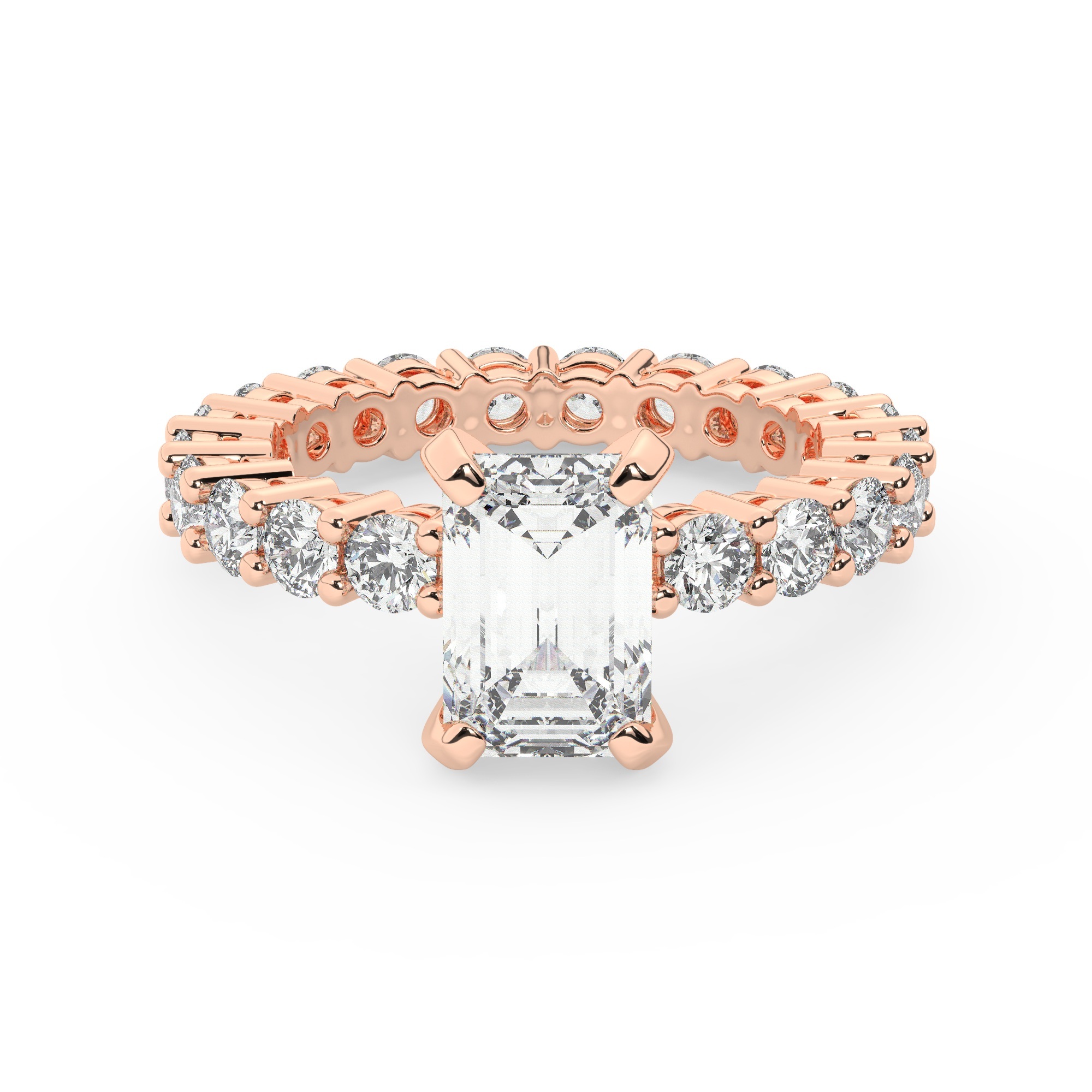 טבעת אירוסין סוליטר וזירקונים בצדדים איטרנטיני דגם 50044 זהב אדום רוזגולד 14 קראט במרכז זירקוניה 2.50 קראט בחיתוך אמרלד מסביב ובצדדים זירקונים בחיתוך עגול – תמונה 2