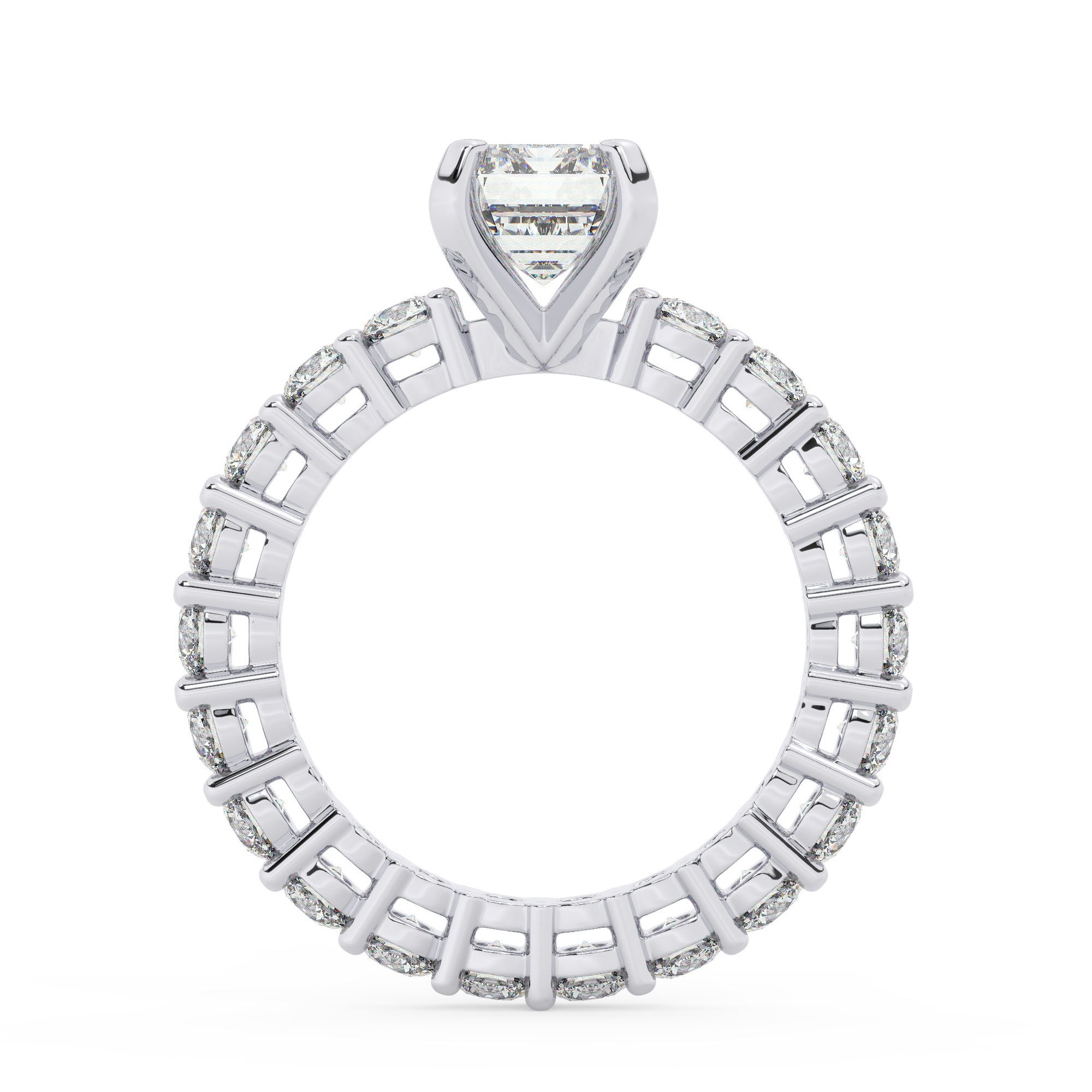 טבעת אירוסין סוליטר ומוסונייט בצדדים איטרנטיני דגם 50044 כסף מצופה זהב לבן במרכז אבן מעבדה מוסונייט 2.50 קראט בחיתוך אמרלד עם תעודה גמולוגית בינלאומית GRA מסביב ובצדדים אבני מעבדה מוסונייט במשקל כולל של 1.80 קראט בחיתוך עגול – תמונה 3