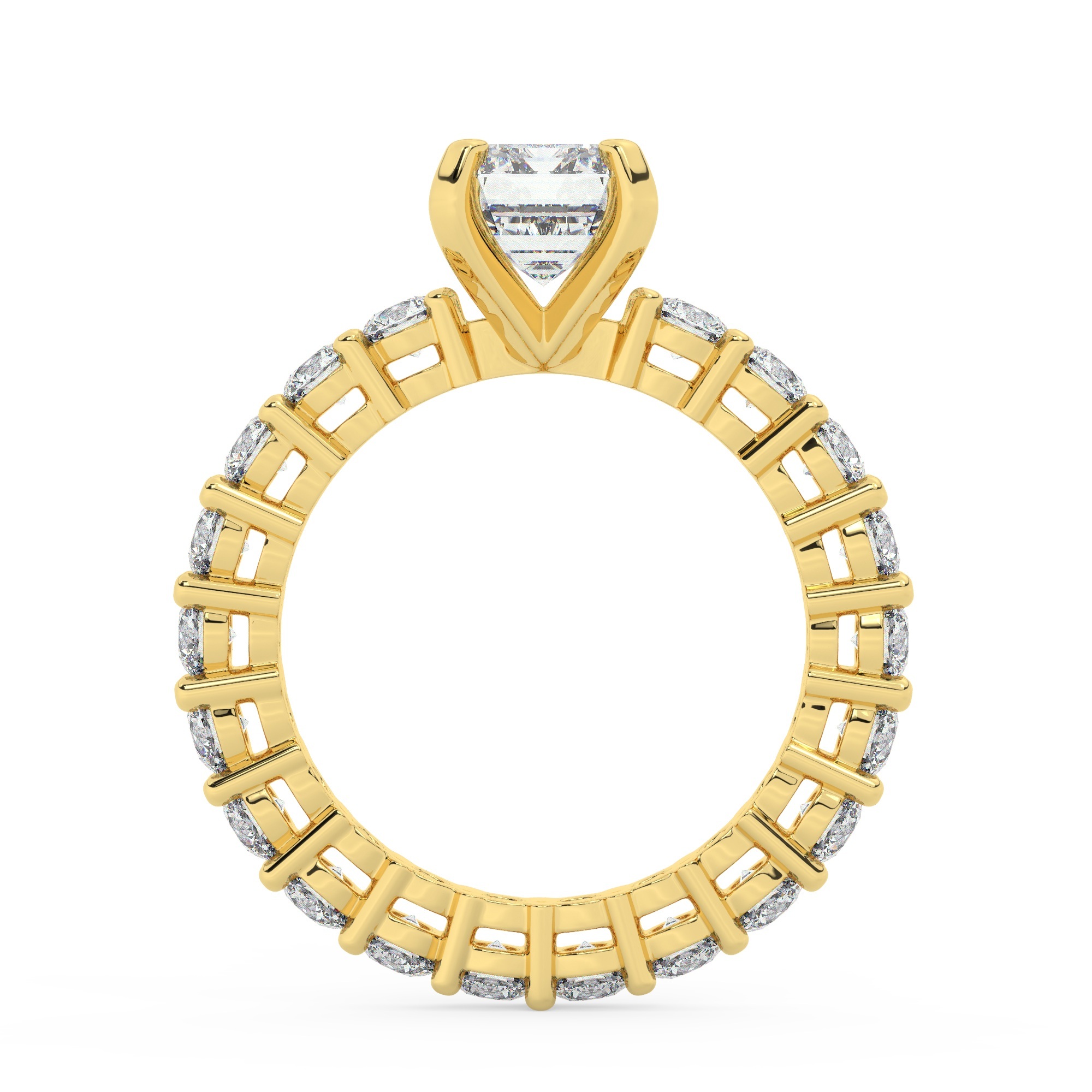 טבעת אירוסין סוליטר ומוסונייט בצדדים איטרנטיני דגם 50044 כסף מצופה זהב צהוב במרכז אבן מעבדה מוסונייט 3 קראט בחיתוך אמרלד עם תעודה גמולוגית בינלאומית GRA מסביב ובצדדים אבני מעבדה מוסונייט במשקל כולל של 1.80 קראט בחיתוך עגול – תמונה 3