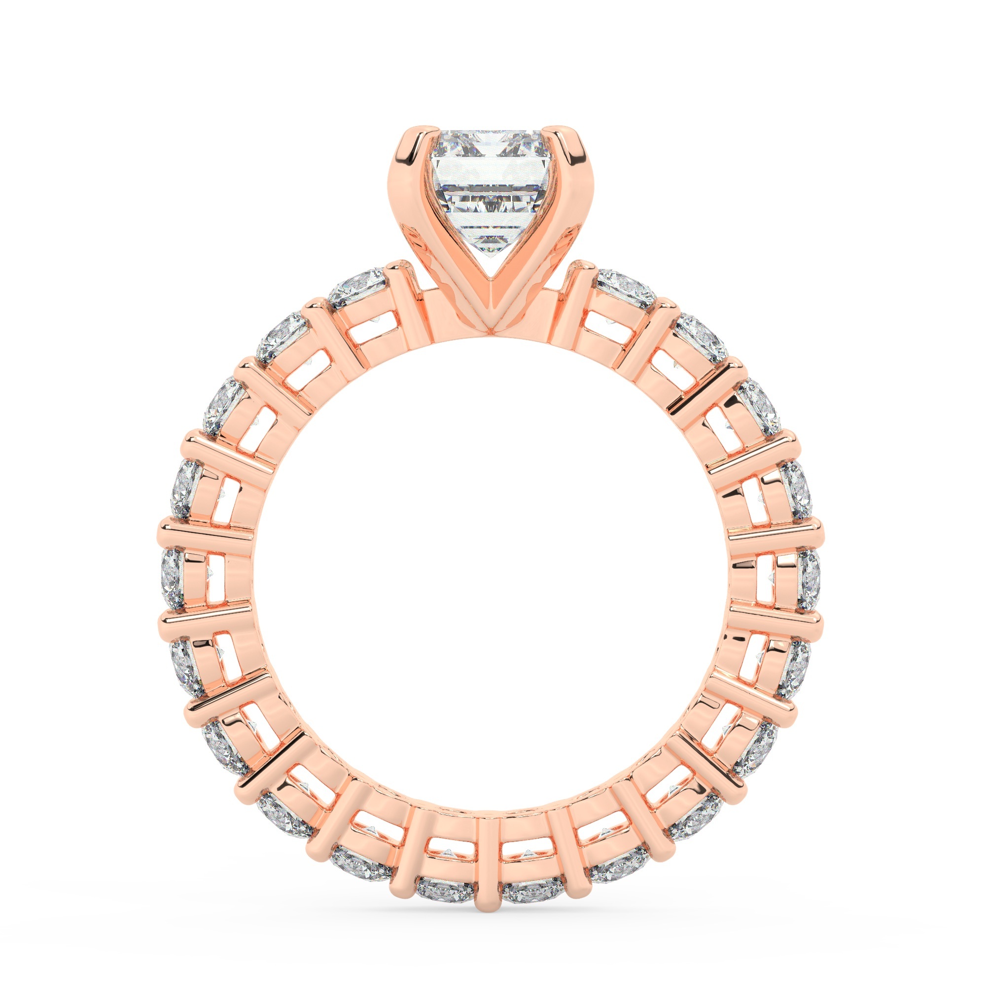 טבעת אירוסין סוליטר וזירקונים בצדדים איטרנטיני דגם 50044 כסף מצופה זהב אדום רוזגולד במרכז זירקוניה 0.50 קראט בחיתוך אמרלד מסביב ובצדדים זירקונים בחיתוך עגול – תמונה 3