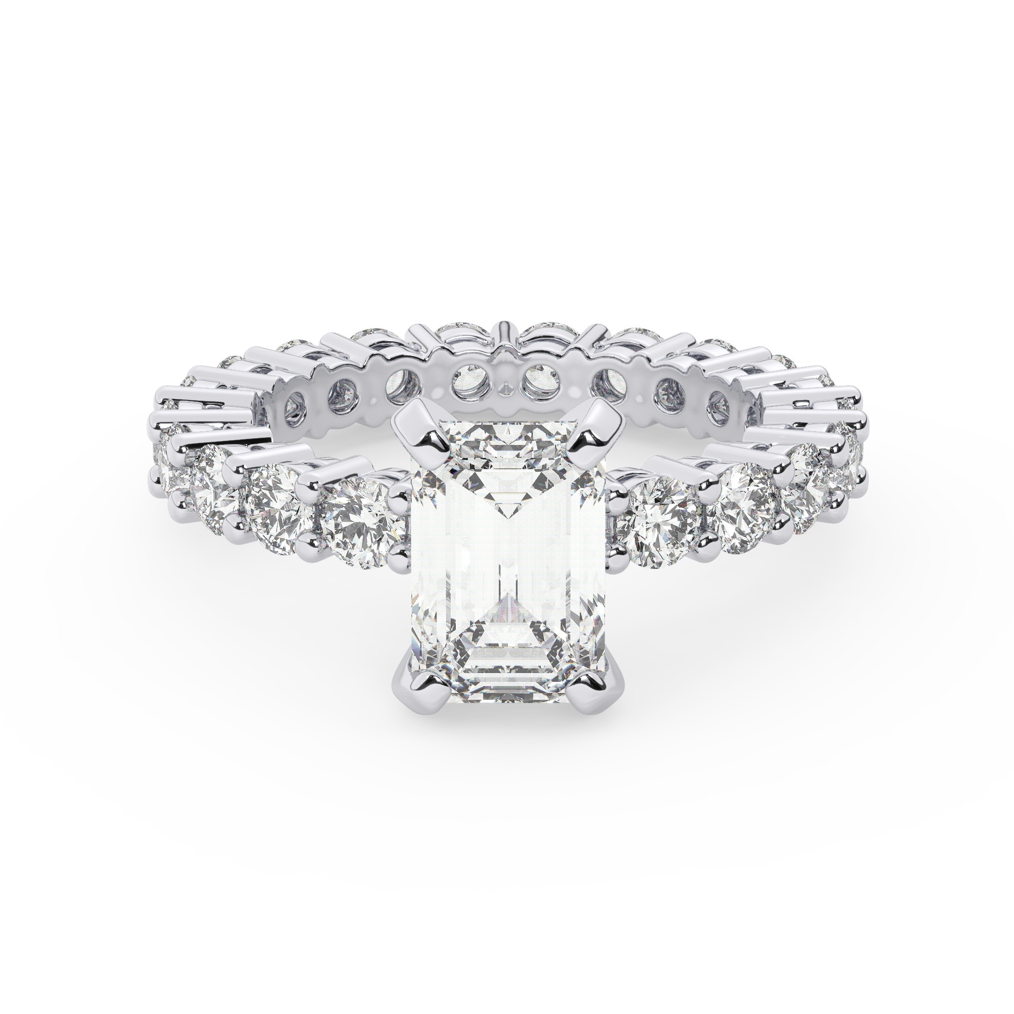 טבעת אירוסין סוליטר וזירקונים בצדדים איטרנטיני דגם 50044 זהב לבן 14 קראט במרכז זירקוניה 0.50 קראט בחיתוך אמרלד מסביב ובצדדים זירקונים בחיתוך עגול – תמונה 2