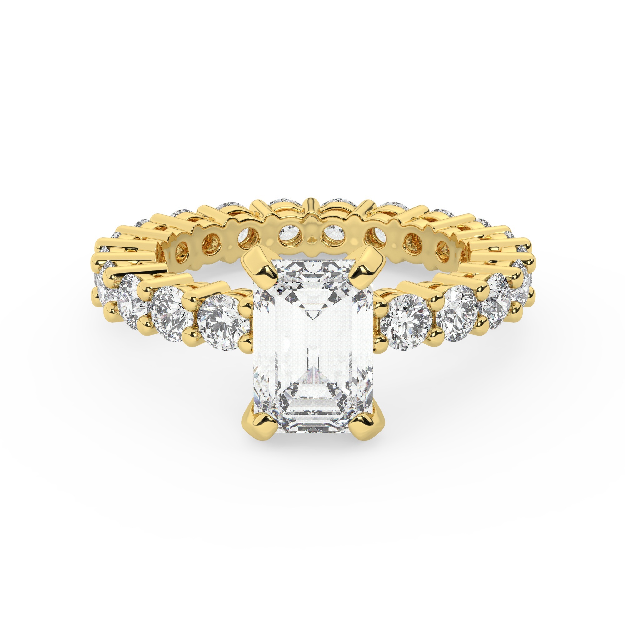 טבעת אירוסין סוליטר ויהלומים בצדדים איטרנטיני דגם 50044 כסף מצופה זהב צהוב במרכז יהלום מעבדה 0.75 קראט בחיתוך אמרלד עם תעודה גמולוגית מסביב ובצדדים יהלומי מעבדה במשקל כולל של 1.80 קראט בחיתוך עגול – תמונה 2