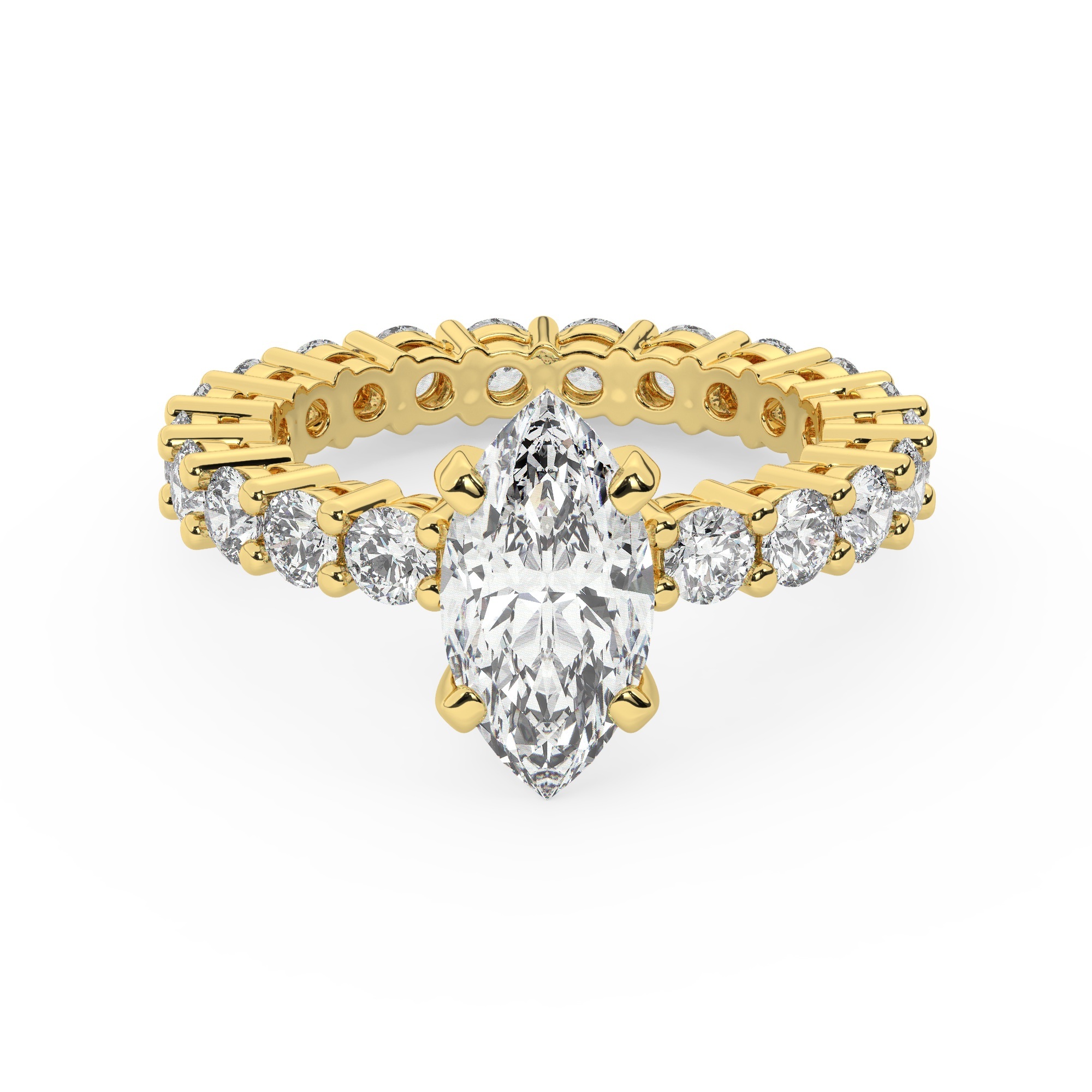 טבעת אירוסין סוליטר וזירקונים בצדדים איטרנטיני דגם 50044 זהב צהוב 14 קראט במרכז זירקוניה 1 קראט בחיתוך מרקיזה מסביב ובצדדים זירקונים בחיתוך עגול – תמונה 2