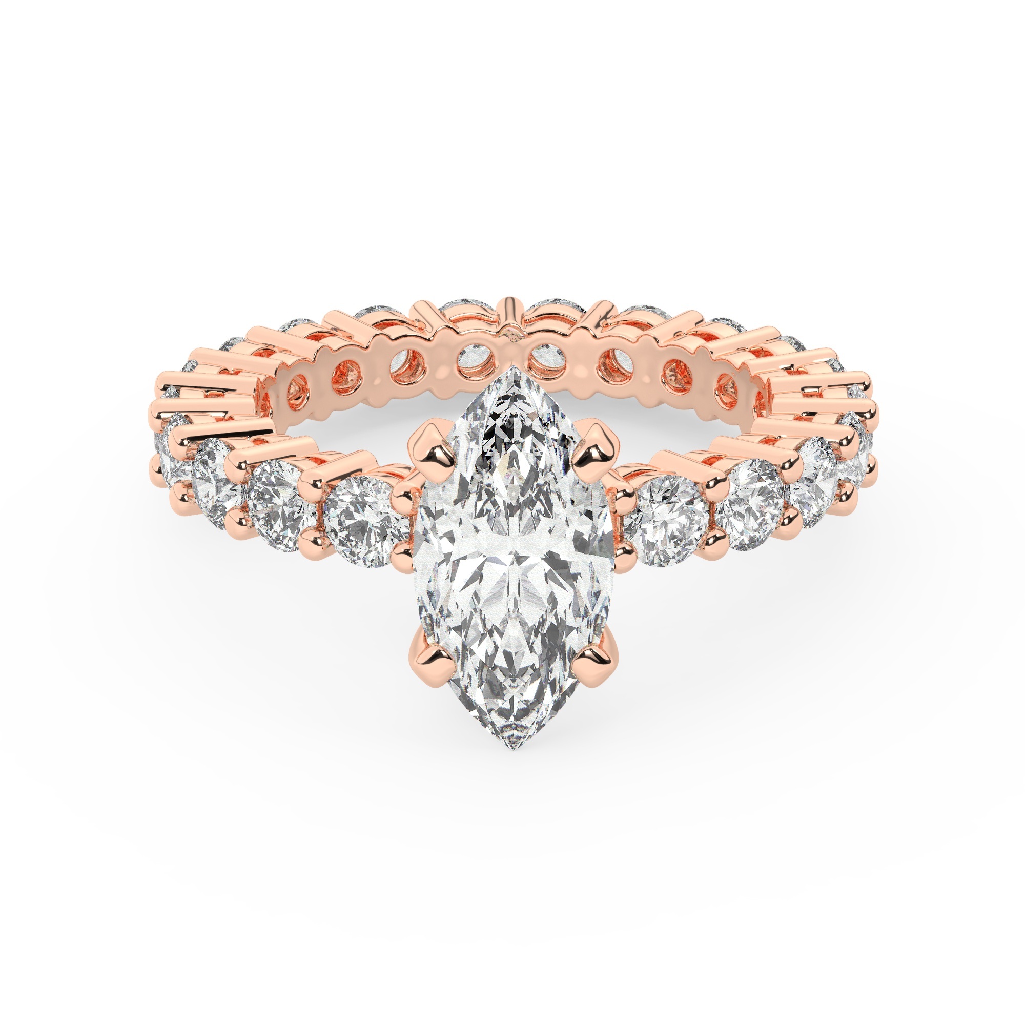 טבעת אירוסין סוליטר ויהלומים בצדדים איטרנטיני דגם 50044 כסף מצופה זהב אדום רוזגולד במרכז יהלום מעבדה 1 קראט בחיתוך מרקיזה עם תעודה גמולוגית אירופאית IGI מסביב ובצדדים יהלומי מעבדה במשקל כולל של 1.80 קראט בחיתוך עגול – תמונה 2