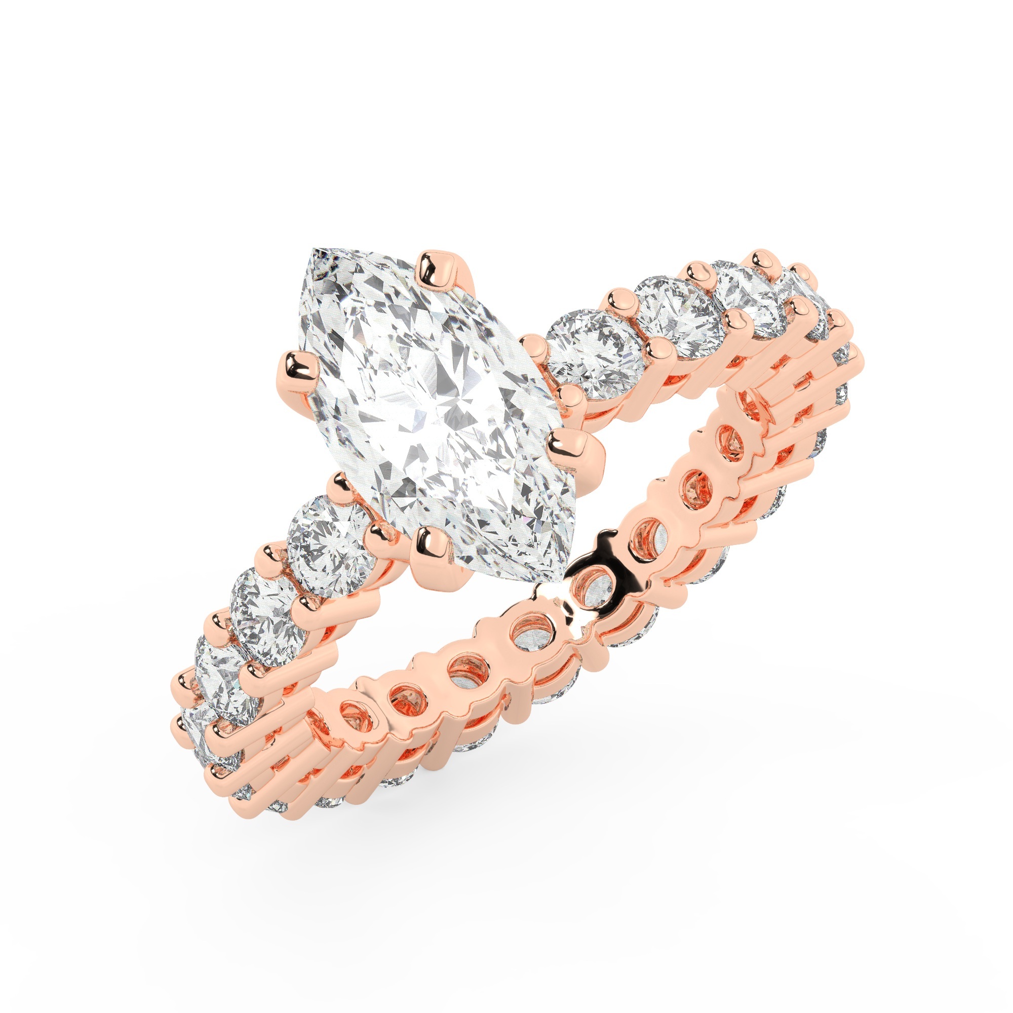 טבעת אירוסין סוליטר וזירקונים בצדדים איטרנטיני דגם 50044 זהב אדום רוזגולד 14 קראט במרכז זירקוניה 2 קראט בחיתוך מרקיזה מסביב ובצדדים זירקונים בחיתוך עגול