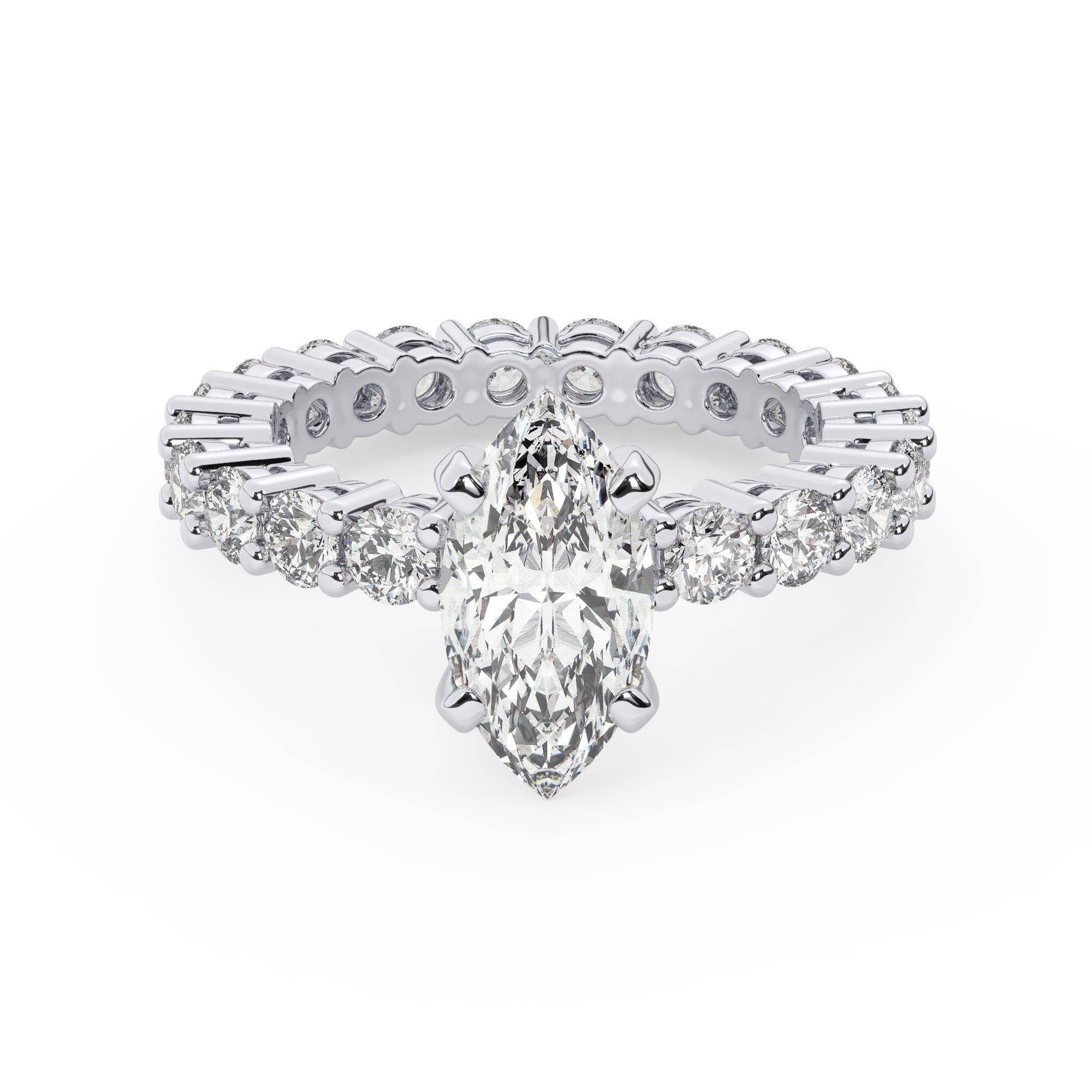 טבעת אירוסין סוליטר וזירקונים בצדדים איטרנטיני דגם 50044 זהב לבן 14 קראט במרכז זירקוניה 5 קראט בחיתוך מרקיזה מסביב ובצדדים זירקונים בחיתוך עגול – תמונה 2