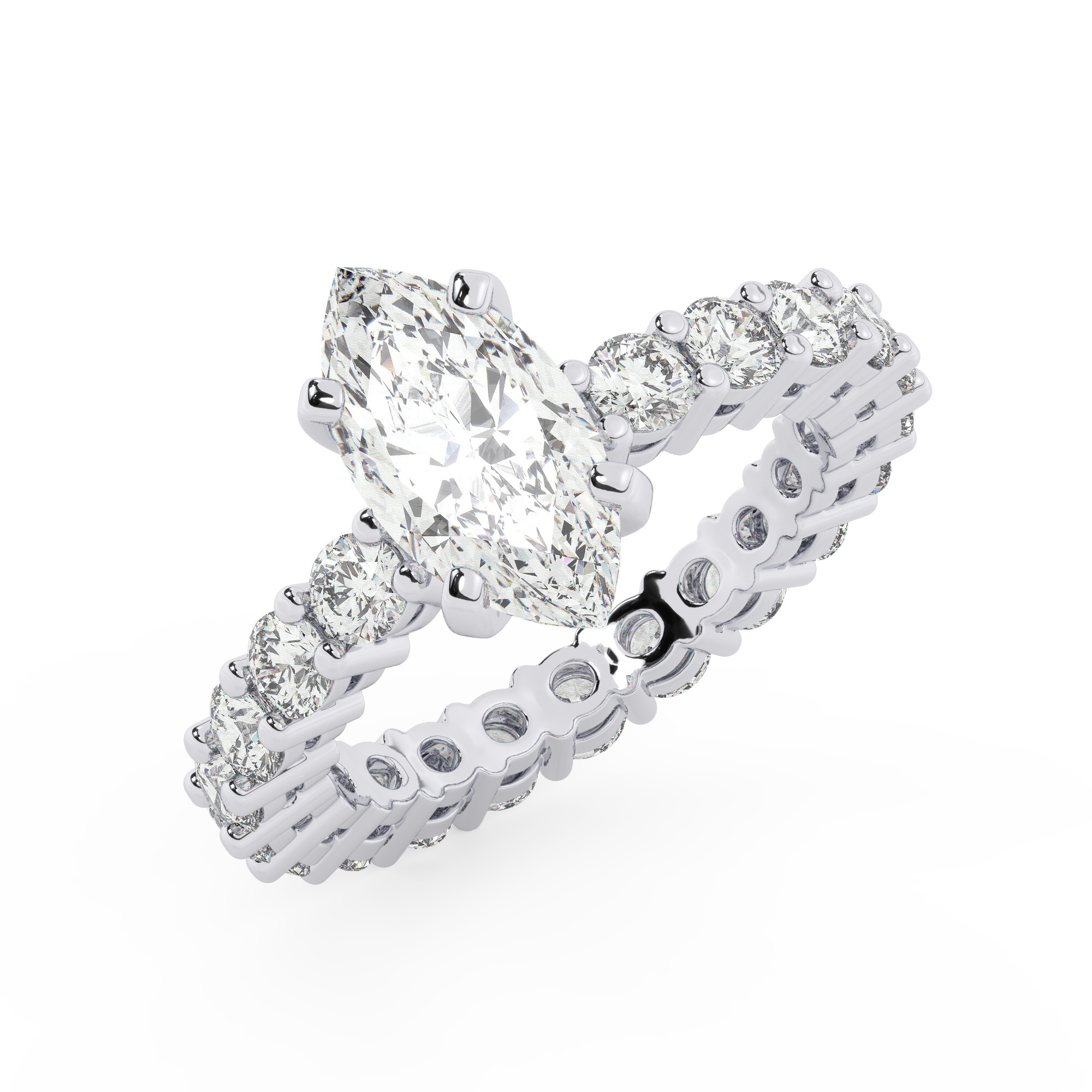 טבעת אירוסין סוליטר ויהלומים בצדדים איטרנטיני דגם 50044 כסף מצופה זהב לבן במרכז יהלום מעבדה 0.75 קראט בחיתוך מרקיזה עם תעודה גמולוגית מסביב ובצדדים יהלומי מעבדה במשקל כולל של 1.80 קראט בחיתוך עגול