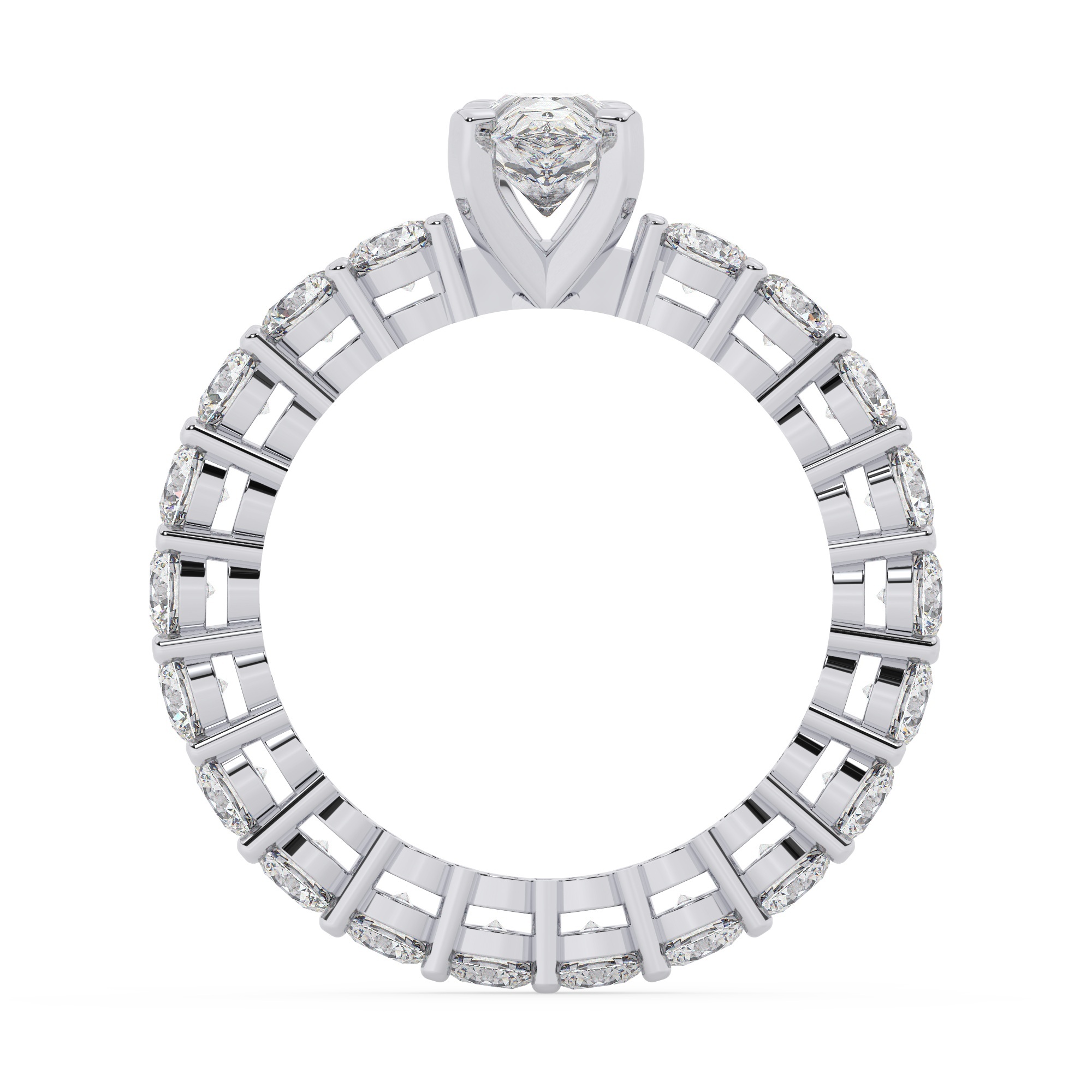 טבעת אירוסין סוליטר ומוסונייט בצדדים איטרנטיני דגם 50044 כסף מצופה זהב לבן במרכז אבן מעבדה מוסונייט 1 קראט בחיתוך טיפה עם תעודה גמולוגית בינלאומית GRA מסביב ובצדדים אבני מעבדה מוסונייט במשקל כולל של 1.80 קראט בחיתוך עגול – תמונה 3