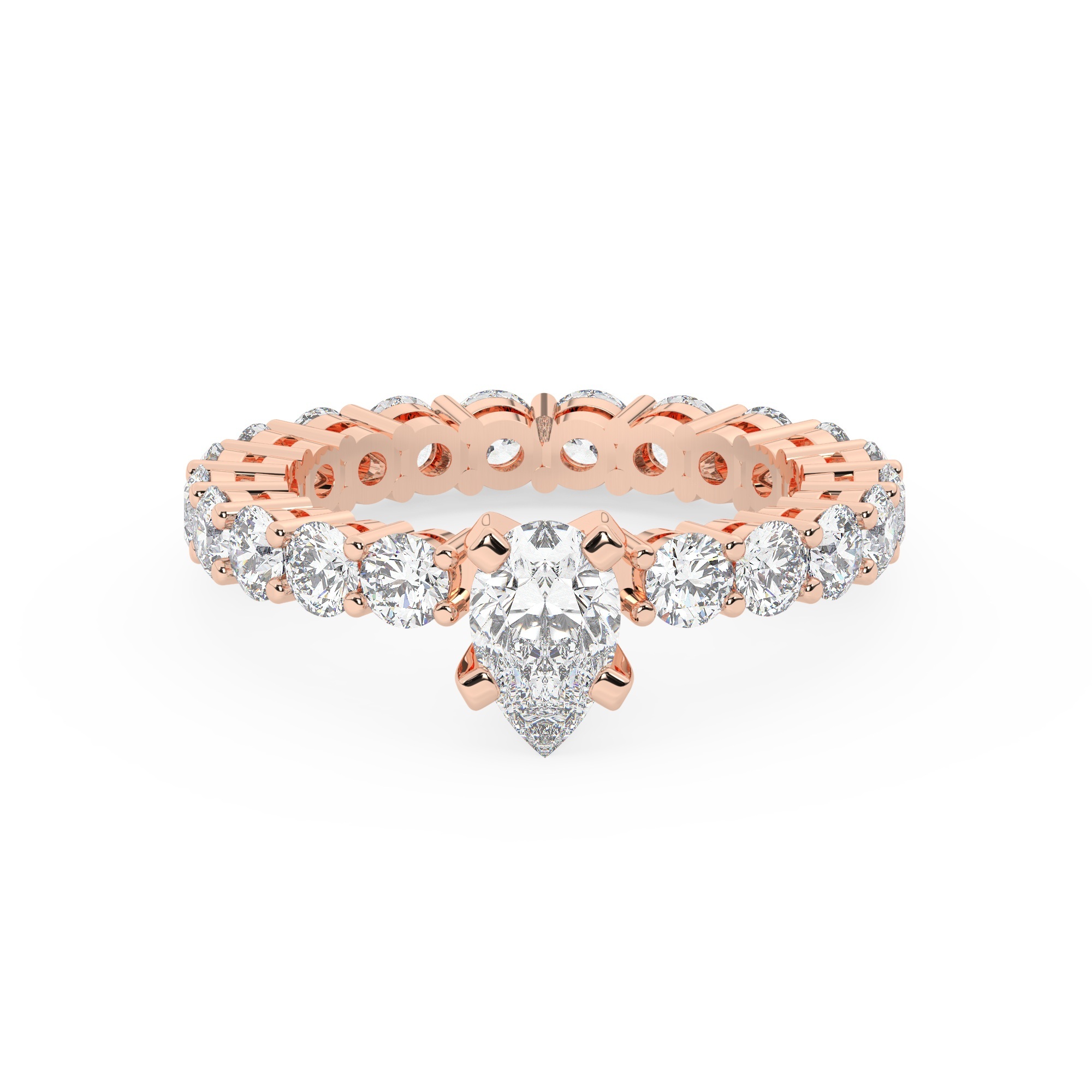 טבעת אירוסין סוליטר ויהלומים בצדדים איטרנטיני דגם 50044 כסף מצופה זהב אדום רוזגולד במרכז יהלום מעבדה 0.75 קראט בחיתוך טיפה עם תעודה גמולוגית מסביב ובצדדים יהלומי מעבדה במשקל כולל של 1.80 קראט בחיתוך עגול – תמונה 2