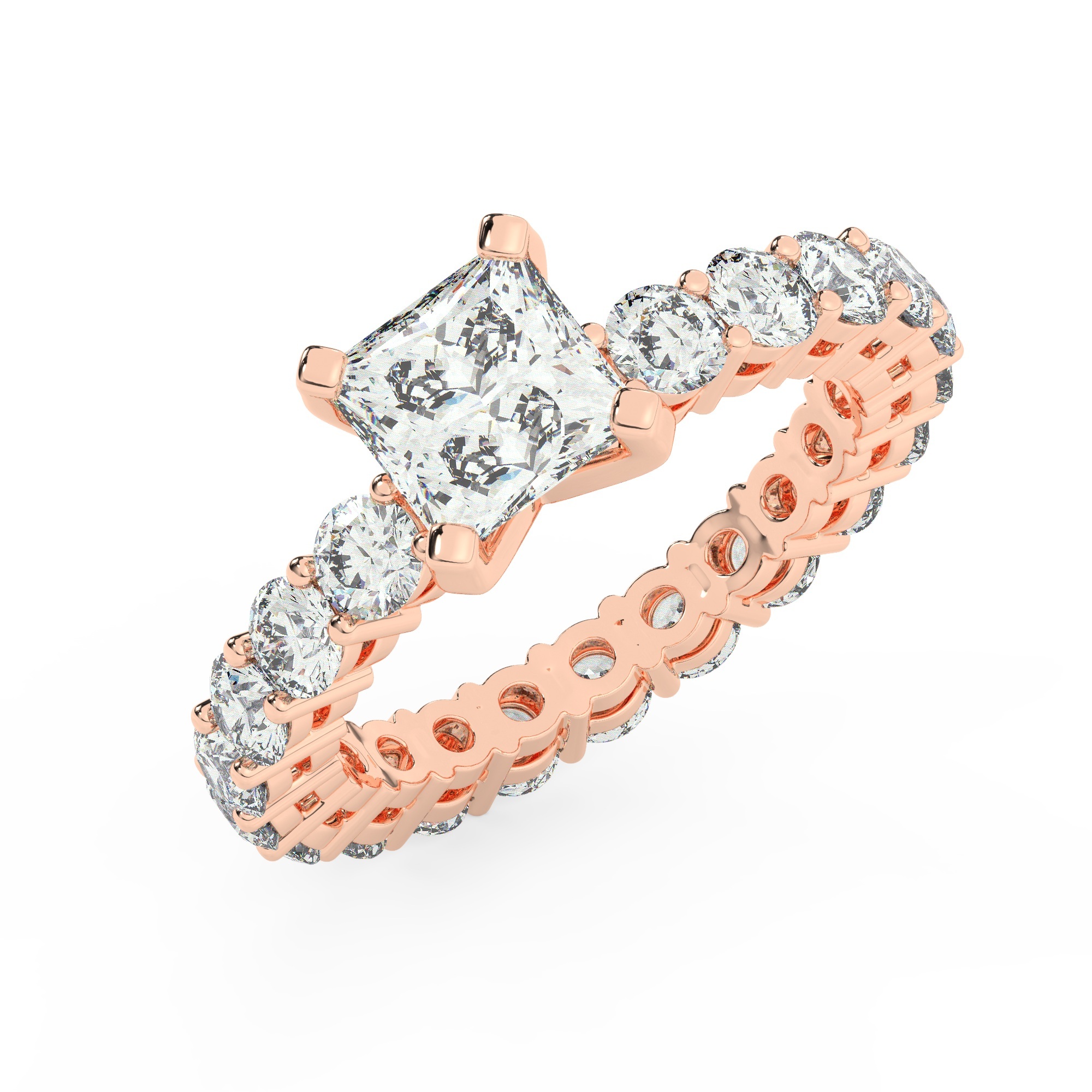 טבעת אירוסין סוליטר ומוסונייט בצדדים איטרנטיני דגם 50044 זהב אדום רוזגולד 14 קראט במרכז אבן מעבדה מוסונייט 1 קראט בחיתוך פרינסס עם תעודה גמולוגית בינלאומית GRA מסביב ובצדדים אבני מעבדה מוסונייט במשקל כולל של 1.80 קראט בחיתוך עגול