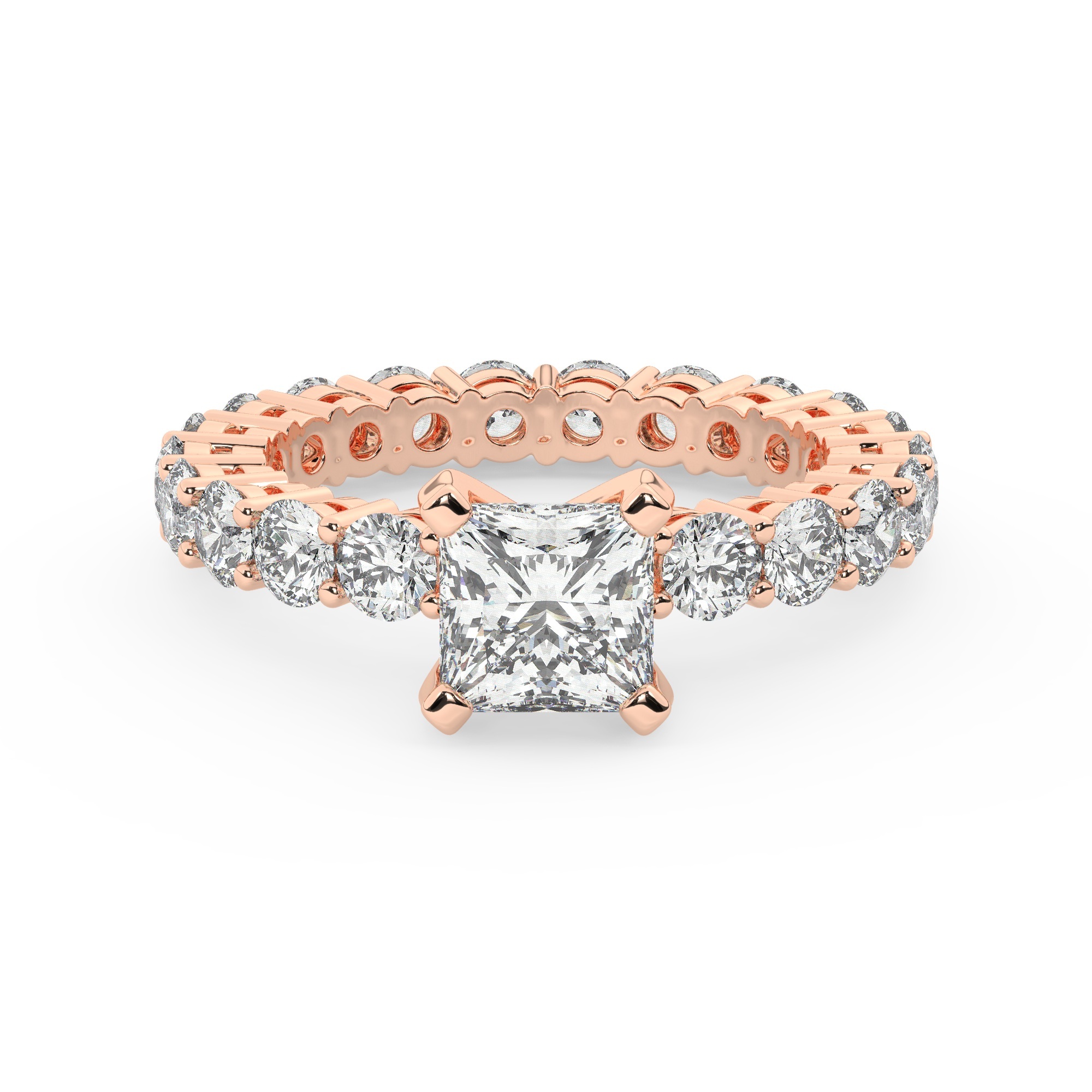 טבעת אירוסין סוליטר ומוסונייט בצדדים איטרנטיני דגם 50044 כסף מצופה זהב אדום רוזגולד במרכז אבן מעבדה מוסונייט 1 קראט בחיתוך פרינסס עם תעודה גמולוגית בינלאומית GRA מסביב ובצדדים אבני מעבדה מוסונייט במשקל כולל של 1.80 קראט בחיתוך עגול – תמונה 2