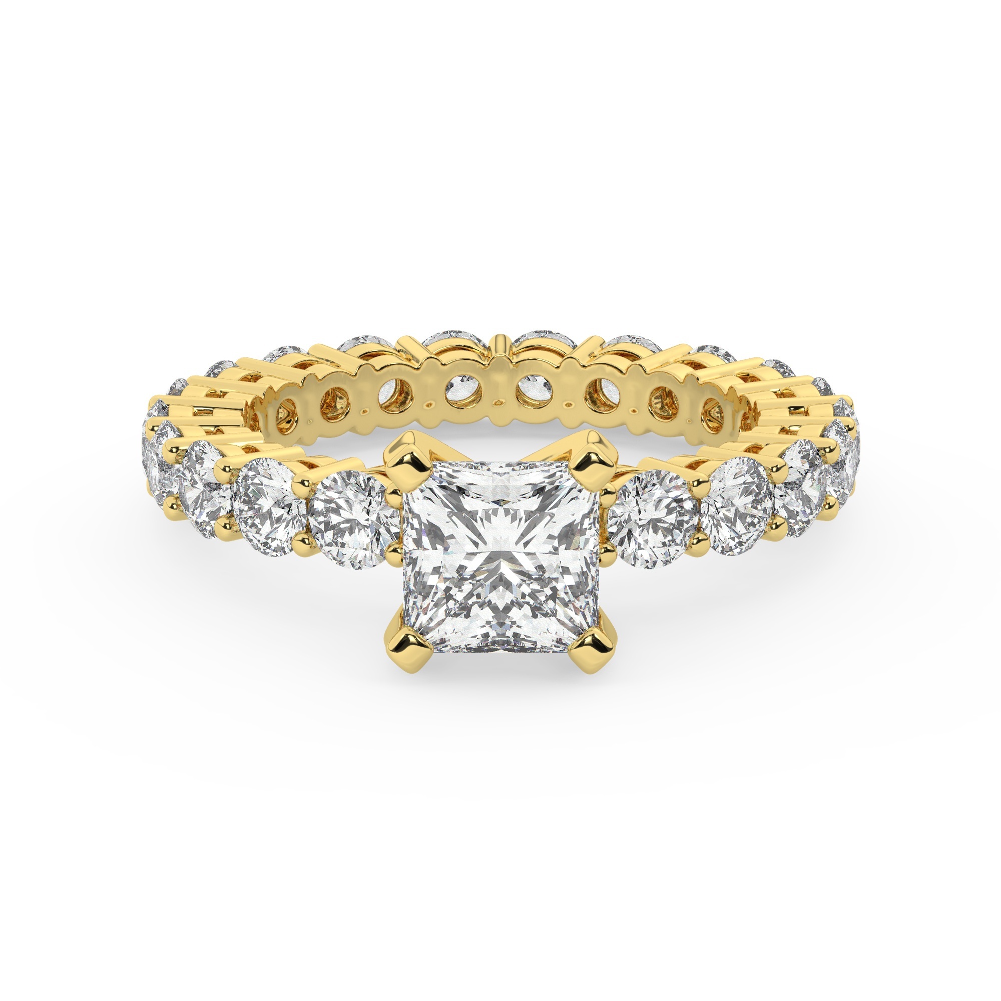 טבעת אירוסין סוליטר וזירקונים בצדדים איטרנטיני דגם 50044 זהב צהוב 14 קראט במרכז זירקוניה 1.50 קראט בחיתוך פרינסס מסביב ובצדדים זירקונים בחיתוך עגול – תמונה 2