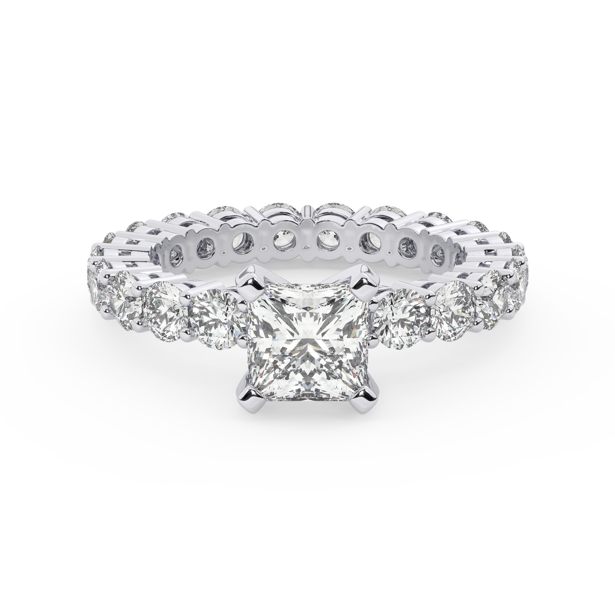 טבעת אירוסין סוליטר ומוסונייט בצדדים איטרנטיני דגם 50044 כסף מצופה זהב לבן במרכז אבן מעבדה מוסונייט 3 קראט בחיתוך פרינסס עם תעודה גמולוגית בינלאומית GRA מסביב ובצדדים אבני מעבדה מוסונייט במשקל כולל של 1.80 קראט בחיתוך עגול – תמונה 2