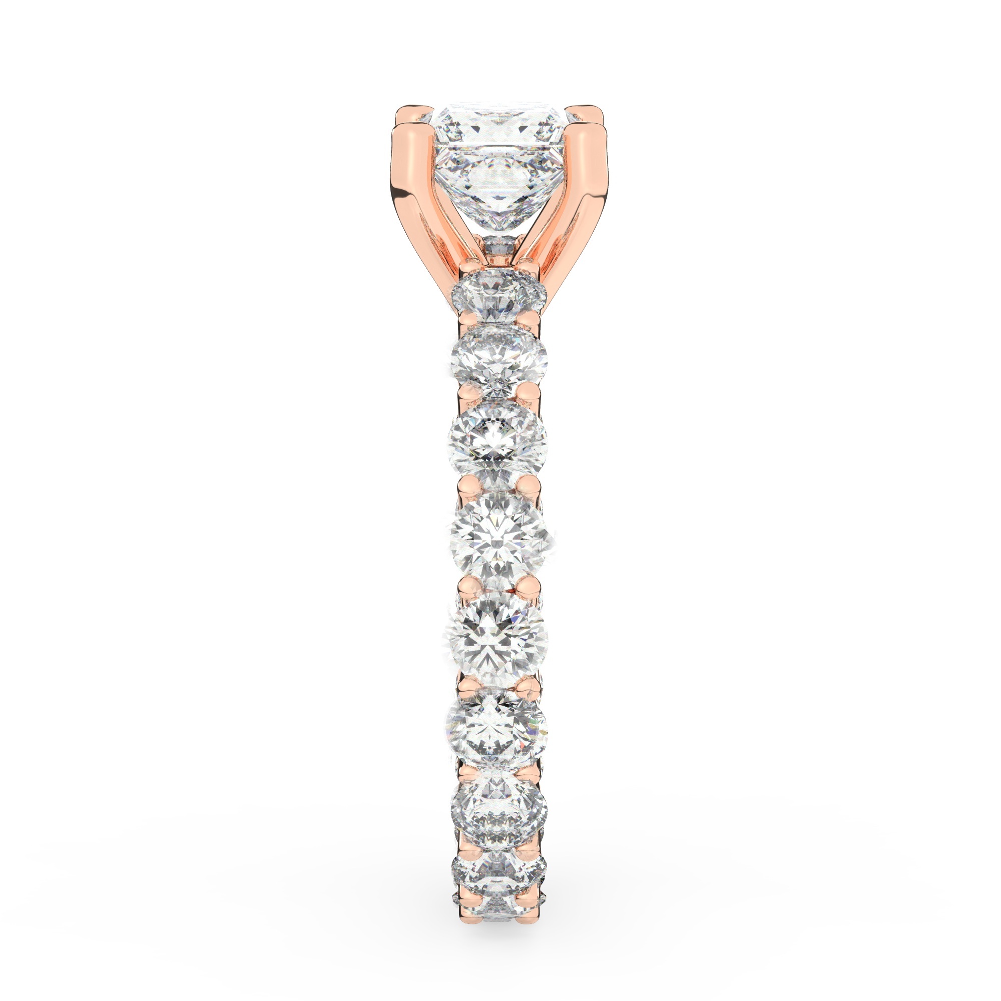 טבעת אירוסין סוליטר ומוסונייט בצדדים איטרנטיני דגם 50044 כסף מצופה זהב אדום רוזגולד במרכז אבן מעבדה מוסונייט 3 קראט בחיתוך פרינסס עם תעודה גמולוגית בינלאומית GRA מסביב ובצדדים אבני מעבדה מוסונייט במשקל כולל של 1.80 קראט בחיתוך עגול – תמונה 4