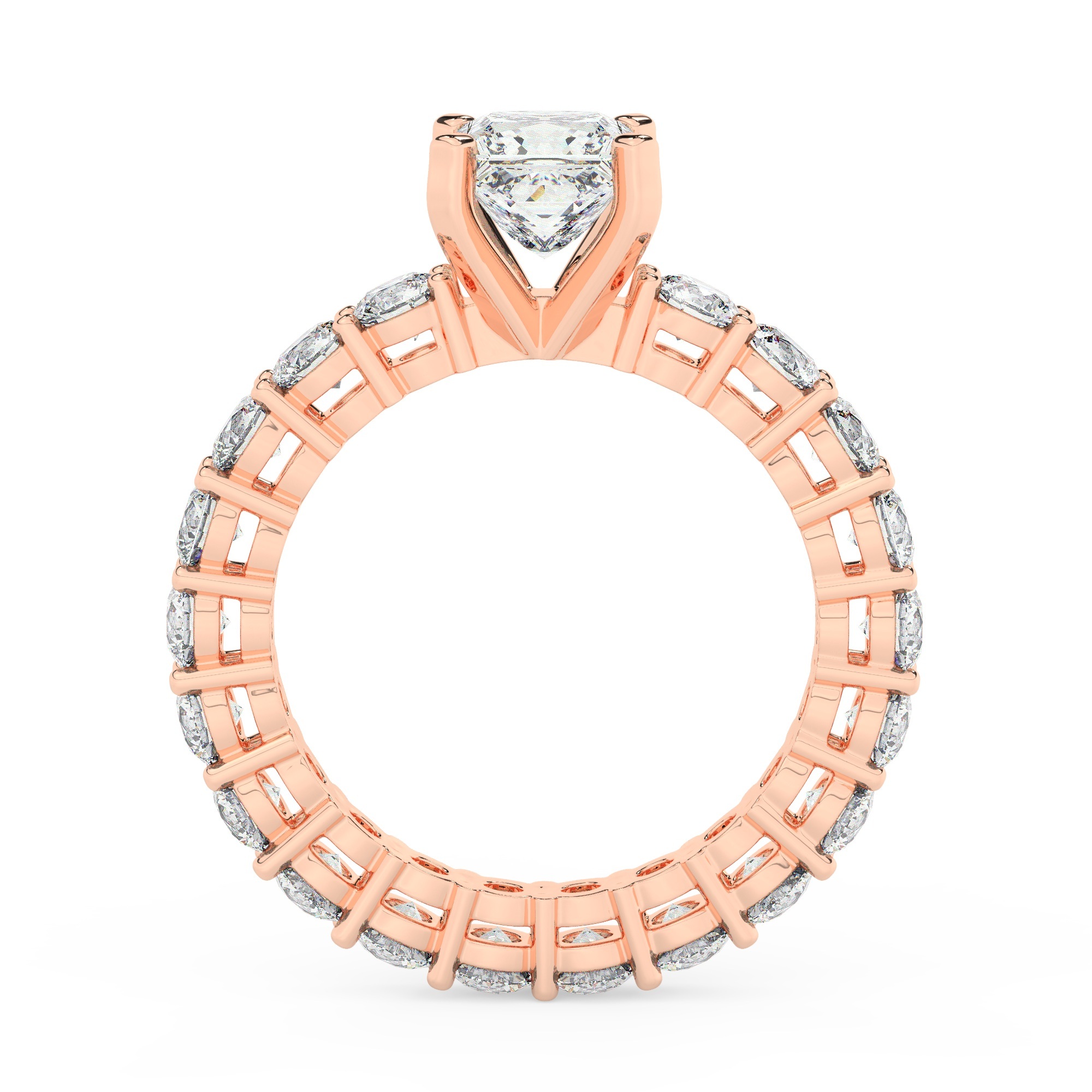 טבעת אירוסין סוליטר ומוסונייט בצדדים איטרנטיני דגם 50044 כסף מצופה זהב אדום רוזגולד במרכז אבן מעבדה מוסונייט 0.50 קראט בחיתוך פרינסס עם תעודה גמולוגית מסביב ובצדדים אבני מעבדה מוסונייט במשקל כולל של 1.80 קראט בחיתוך עגול – תמונה 3