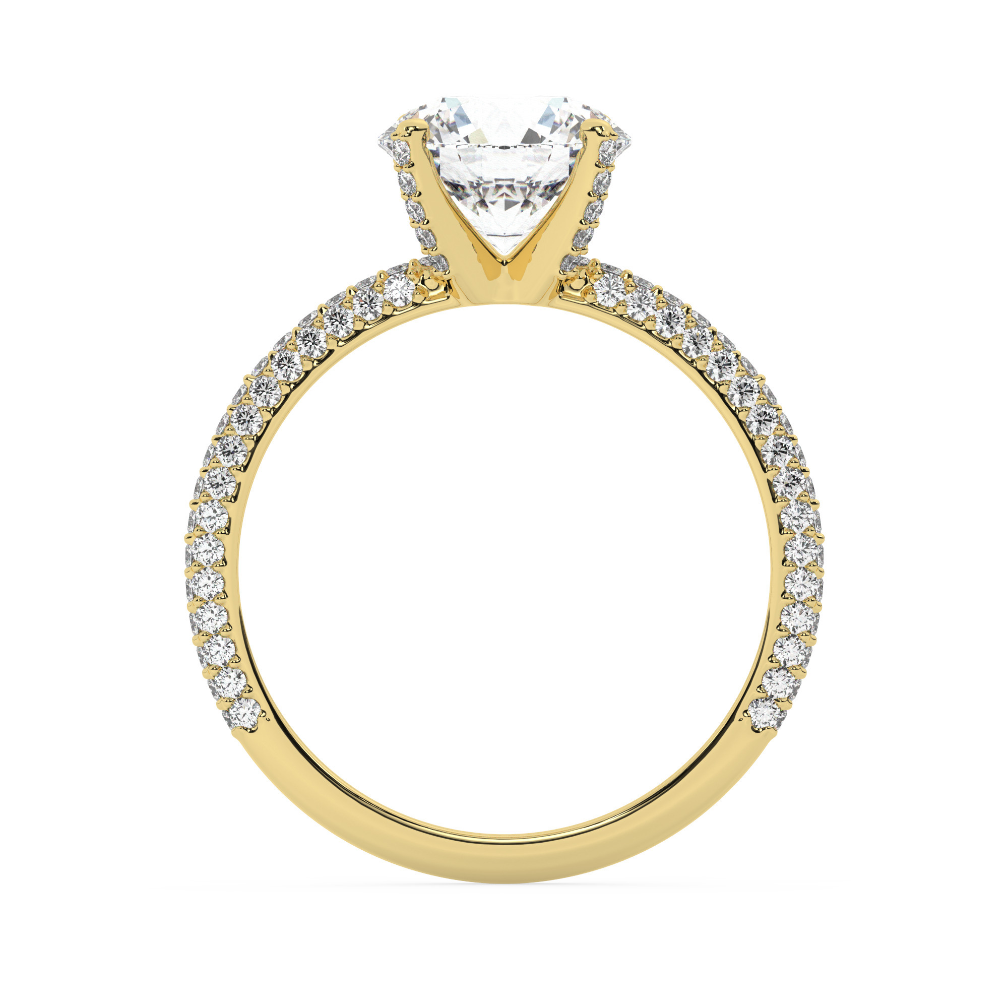 טבעת אירוסין סוליטר ויהלומים בצדדים דגם 50012 כסף מצופה זהב צהוב במרכז אבן מעבדה מוסונייט 2 קראט בחיתוך עגול עם תעודה גמולוגית בינלאומית GRA מסביב ובצדדים אבני מעבדה מוסונייט במשקל כולל של 0.40 קראט בחיתוך עגול – תמונה 3