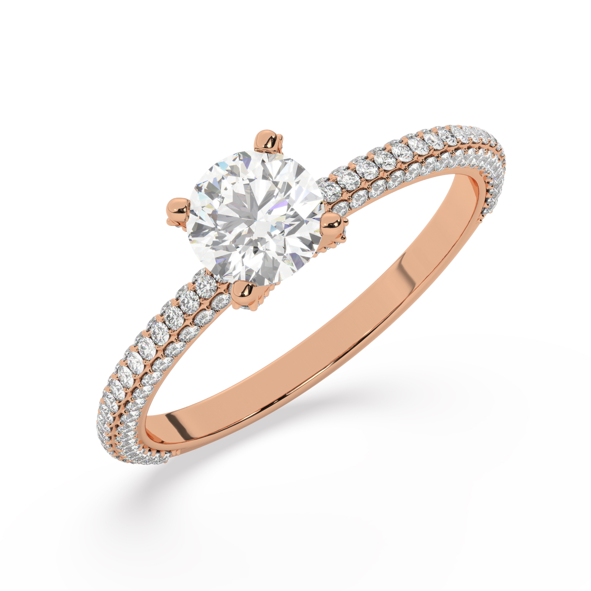 טבעת אירוסין סוליטר ויהלומים בצדדים דגם 50012 כסף מצופה זהב אדום רוזגולד במרכז יהלום מעבדה 0.75 קראט בחיתוך עגול עם תעודה גמולוגית מסביב ובצדדים יהלומי מעבדה במשקל כולל של 0.40 קראט בחיתוך עגול