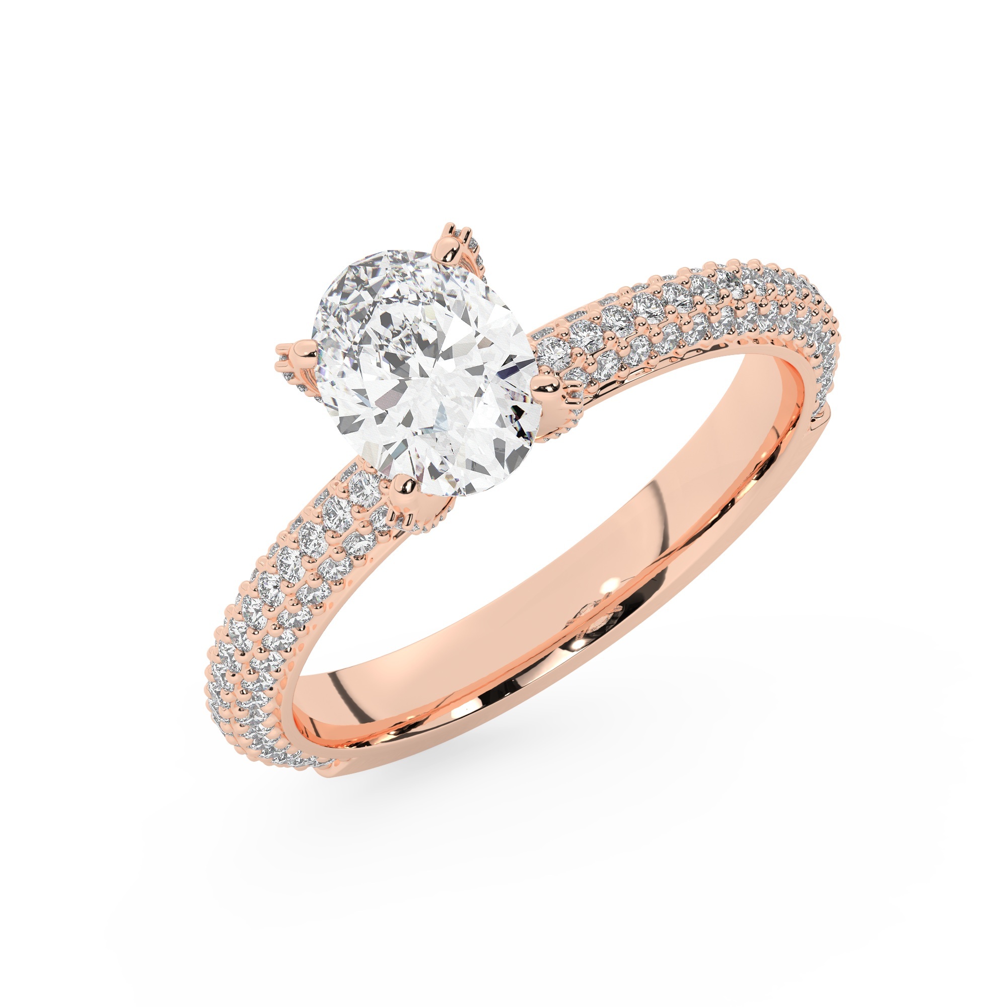 טבעת אירוסין סוליטר ויהלומים בצדדים דגם 50012 כסף מצופה זהב אדום רוזגולד במרכז אבן מעבדה מוסונייט 1 קראט בחיתוך אובל עם תעודה גמולוגית בינלאומית GRA מסביב ובצדדים אבני מעבדה מוסונייט במשקל כולל של 0.40 קראט בחיתוך עגול