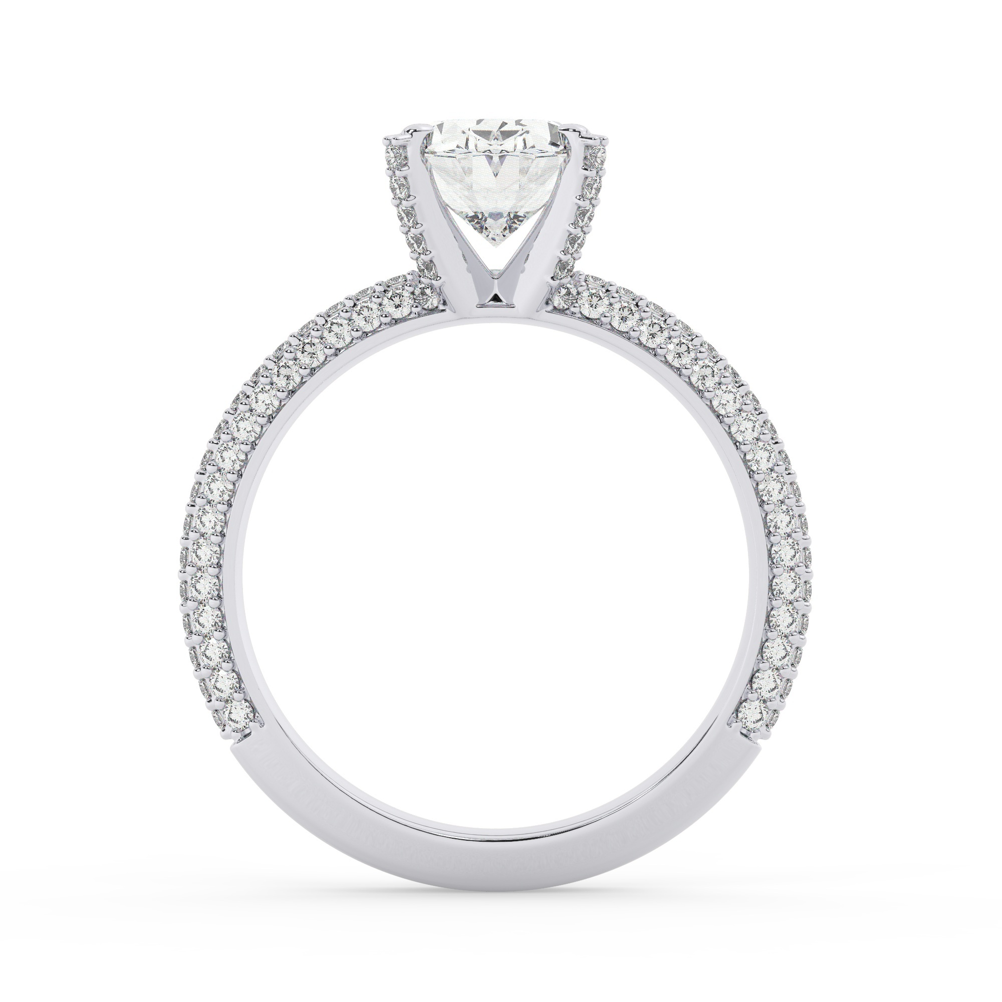 טבעת אירוסין סוליטר ויהלומים בצדדים דגם 50012 כסף מצופה זהב לבן במרכז אבן מעבדה מוסונייט 2.50 קראט בחיתוך אובל עם תעודה גמולוגית בינלאומית GRA מסביב ובצדדים אבני מעבדה מוסונייט במשקל כולל של 0.40 קראט בחיתוך עגול – תמונה 3