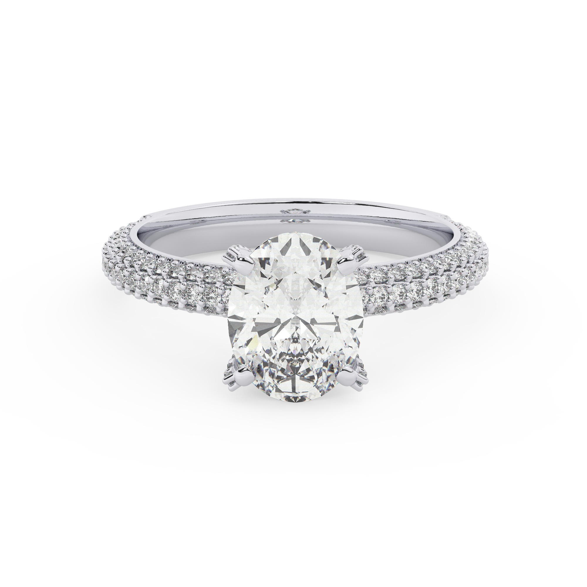 טבעת אירוסין סוליטר ויהלומים בצדדים דגם 50012 כסף מצופה זהב לבן במרכז אבן מעבדה מוסונייט 2.50 קראט בחיתוך אובל עם תעודה גמולוגית בינלאומית GRA מסביב ובצדדים אבני מעבדה מוסונייט במשקל כולל של 0.40 קראט בחיתוך עגול – תמונה 2