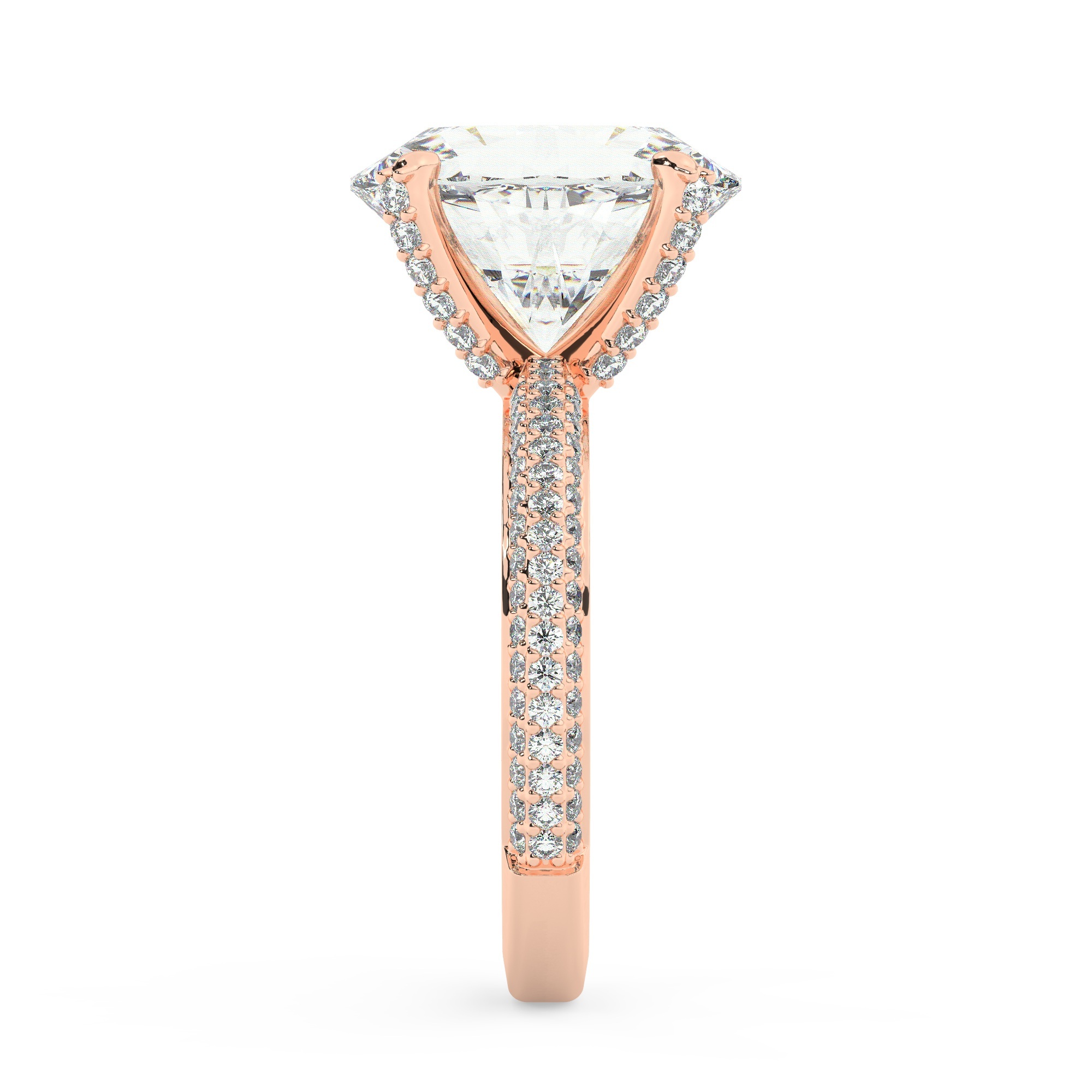 טבעת אירוסין סוליטר ויהלומים בצדדים דגם 50012 כסף מצופה זהב אדום רוזגולד במרכז אבן מעבדה מוסונייט 3 קראט בחיתוך אובל עם תעודה גמולוגית בינלאומית GRA מסביב ובצדדים אבני מעבדה מוסונייט במשקל כולל של 0.40 קראט בחיתוך עגול – תמונה 4