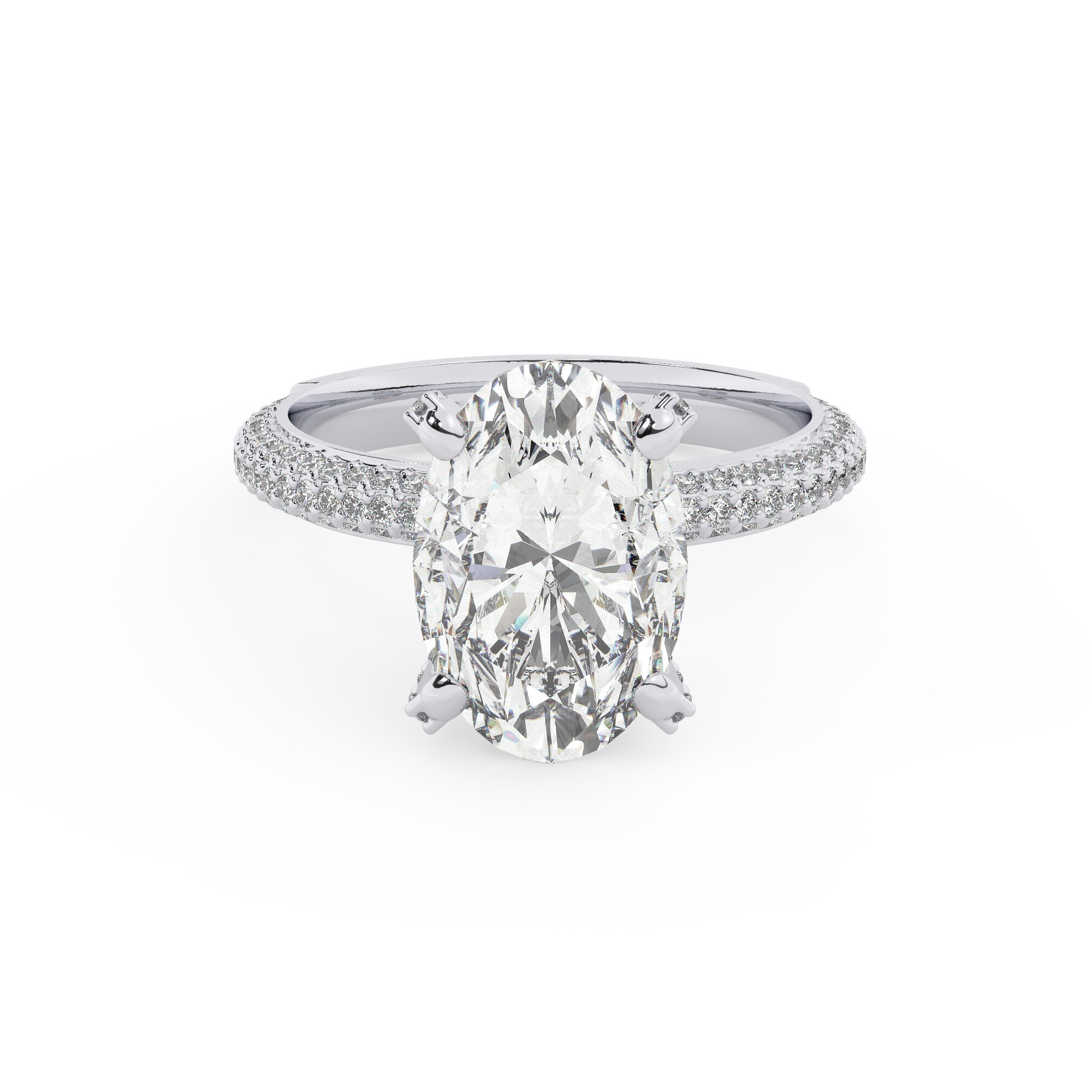 טבעת אירוסין סוליטר ויהלומים בצדדים דגם 50012 כסף מצופה זהב לבן במרכז אבן מעבדה מוסונייט 4 קראט בחיתוך אובל עם תעודה גמולוגית בינלאומית GRA מסביב ובצדדים אבני מעבדה מוסונייט במשקל כולל של 0.40 קראט בחיתוך עגול – תמונה 2