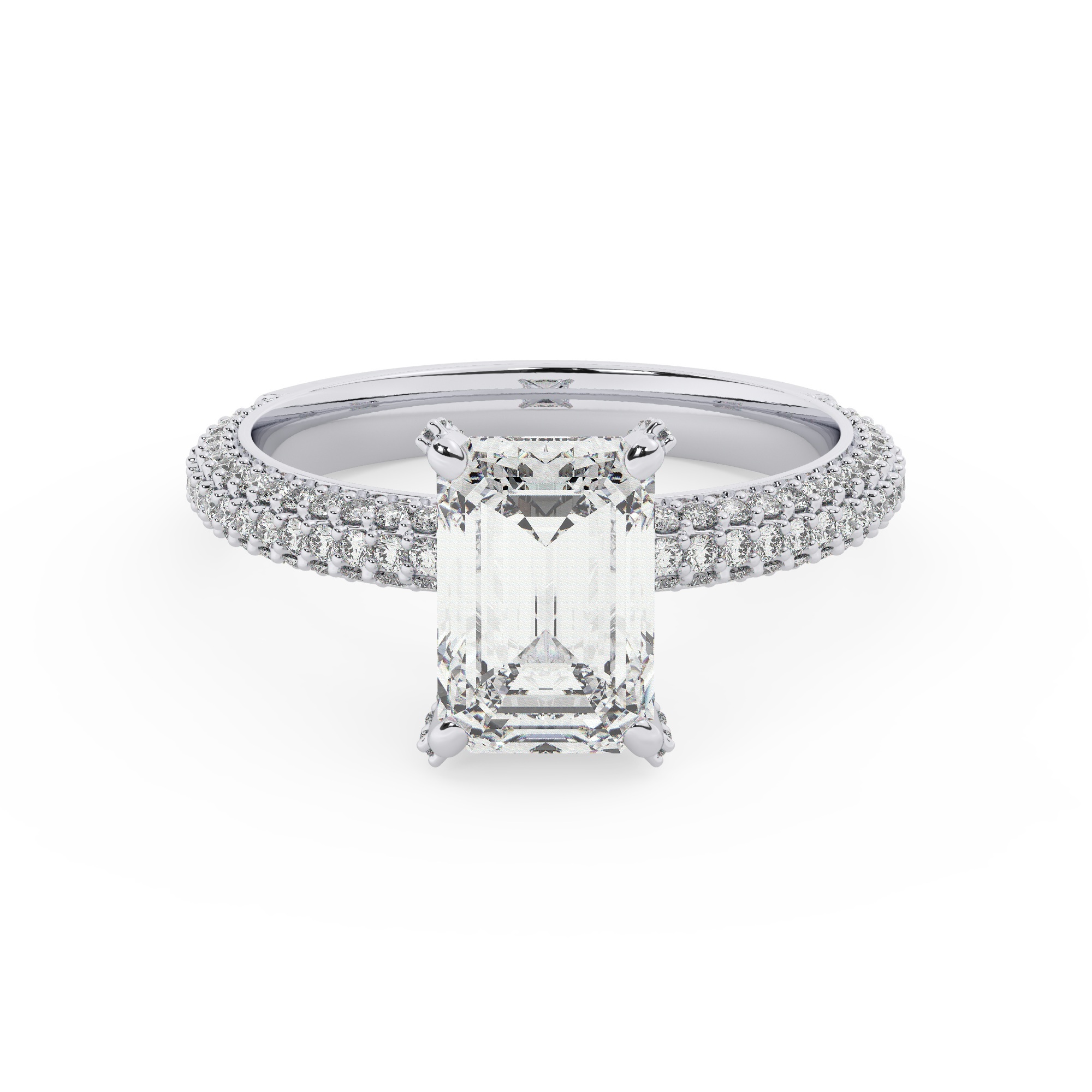 טבעת אירוסין סוליטר ויהלומים בצדדים דגם 50012 כסף מצופה זהב לבן במרכז אבן מעבדה מוסונייט 2 קראט בחיתוך אמרלד עם תעודה גמולוגית בינלאומית GRA מסביב ובצדדים אבני מעבדה מוסונייט במשקל כולל של 0.40 קראט בחיתוך עגול – תמונה 2