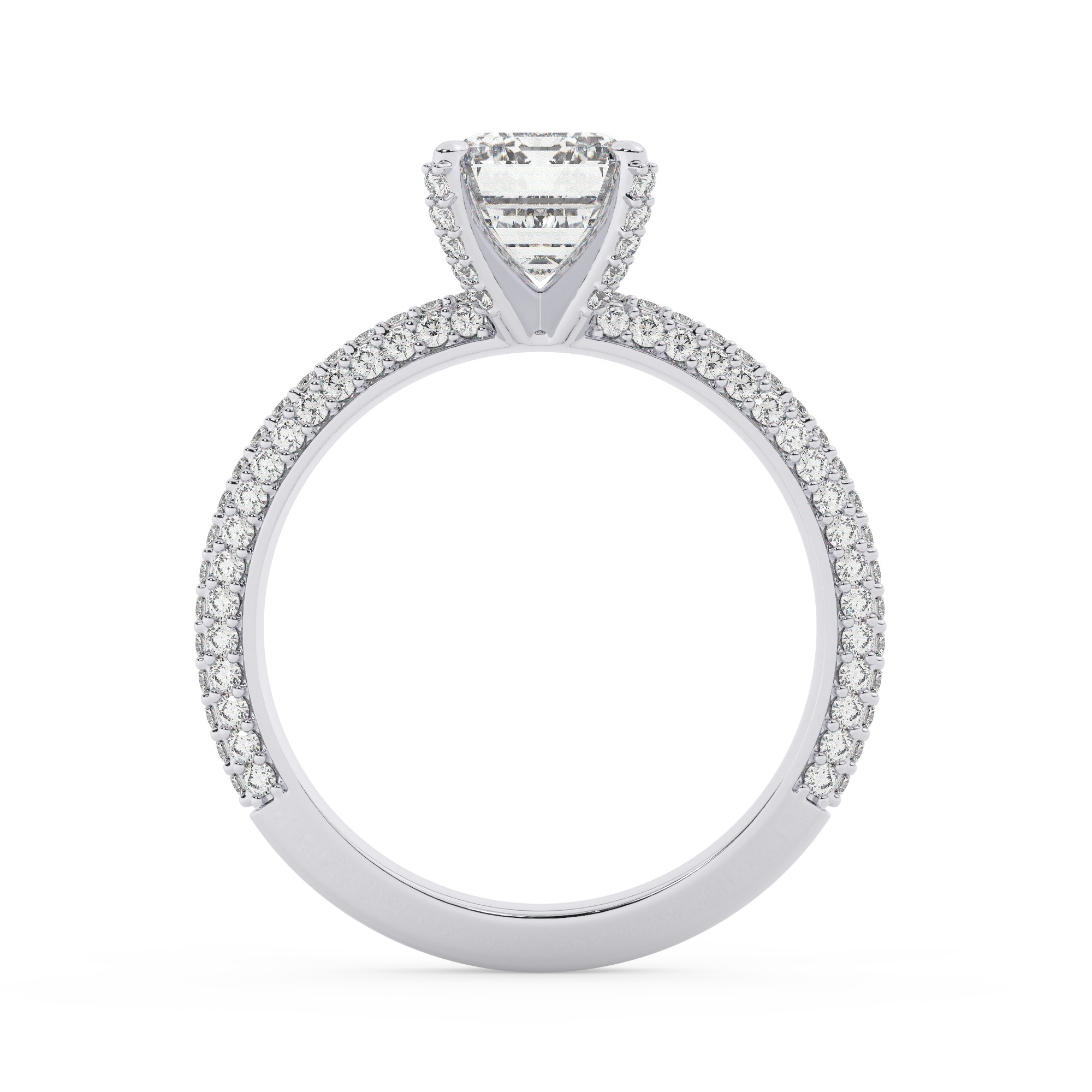 טבעת אירוסין סוליטר ויהלומים בצדדים דגם 50012 כסף מצופה זהב לבן במרכז יהלום מעבדה 3 קראט בחיתוך אמרלד עם תעודה גמולוגית אירופאית IGI מסביב ובצדדים יהלומי מעבדה במשקל כולל של 0.40 קראט בחיתוך עגול – תמונה 3