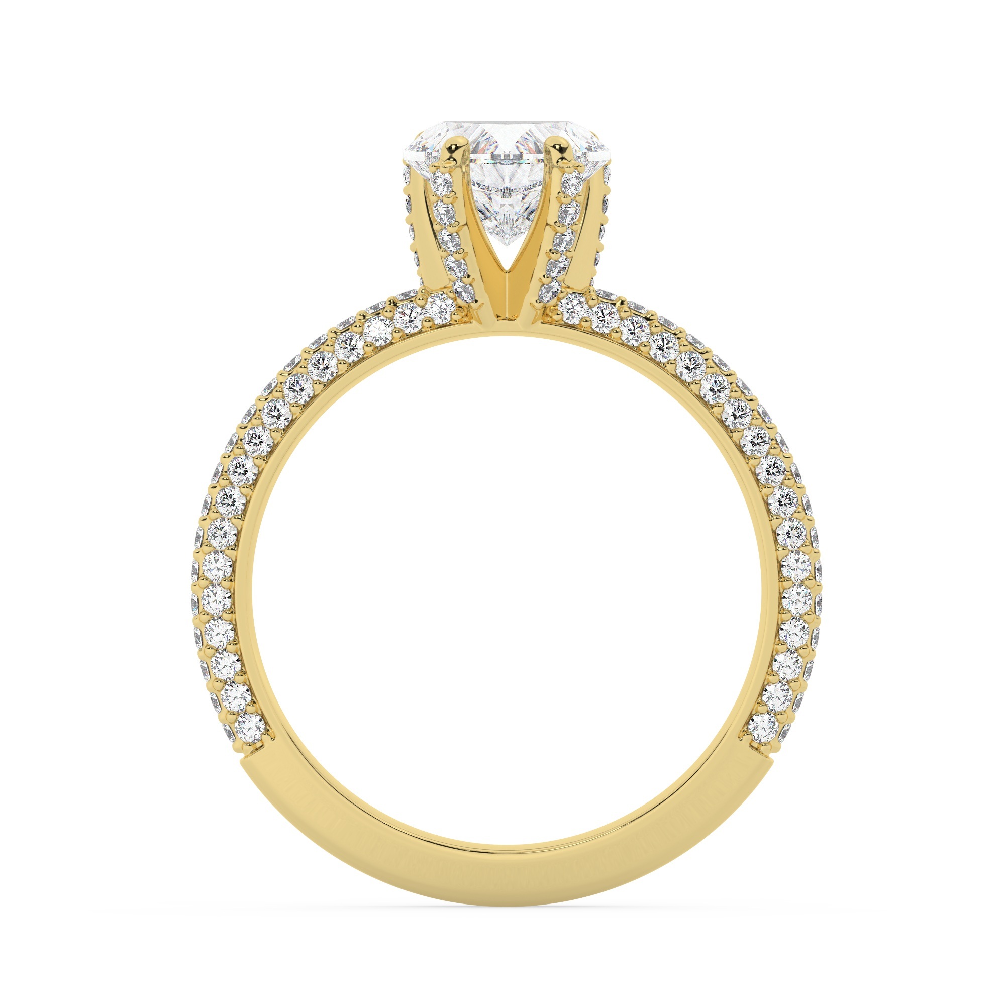 טבעת אירוסין סוליטר ויהלומים בצדדים דגם 50012 כסף מצופה זהב צהוב במרכז אבן מעבדה מוסונייט 1 קראט בחיתוך לב עם תעודה גמולוגית בינלאומית GRA מסביב ובצדדים אבני מעבדה מוסונייט במשקל כולל של 0.40 קראט בחיתוך עגול – תמונה 3