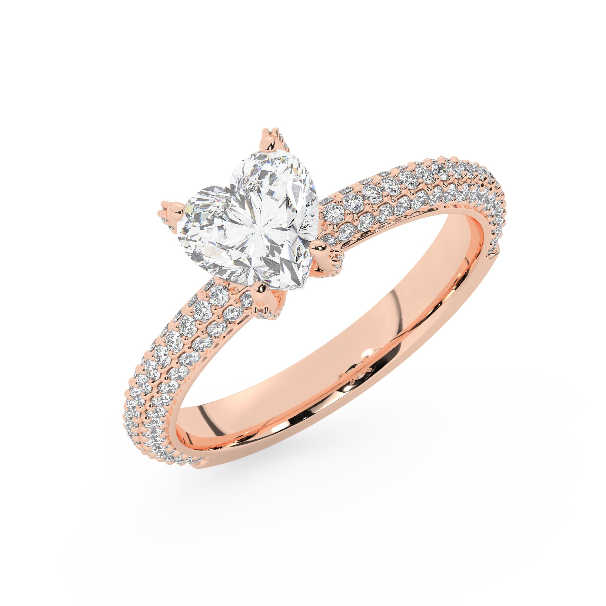 טבעת אירוסין סוליטר ויהלומים בצדדים דגם 50012 כסף מצופה זהב אדום רוזגולד במרכז אבן מעבדה מוסונייט 0.75 קראט בחיתוך לב עם תעודה גמולוגית מסביב ובצדדים אבני מעבדה מוסונייט במשקל כולל של 0.40 קראט בחיתוך עגול