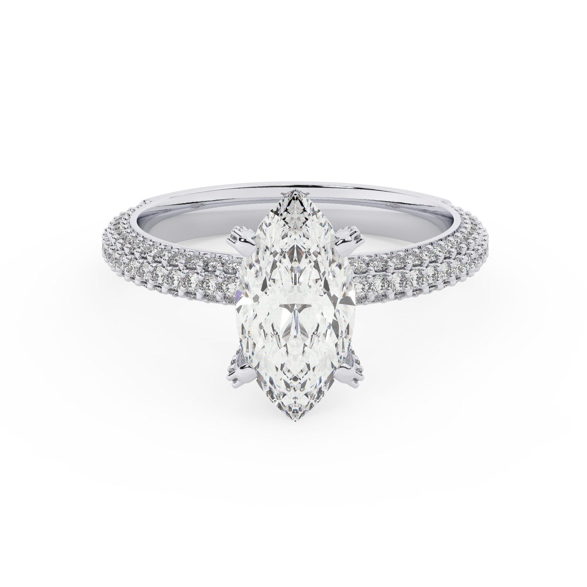 טבעת אירוסין סוליטר ויהלומים בצדדים דגם 50012 כסף מצופה זהב לבן במרכז אבן מעבדה מוסונייט 4 קראט בחיתוך מרקיזה עם תעודה גמולוגית בינלאומית GRA מסביב ובצדדים אבני מעבדה מוסונייט במשקל כולל של 0.40 קראט בחיתוך עגול – תמונה 2