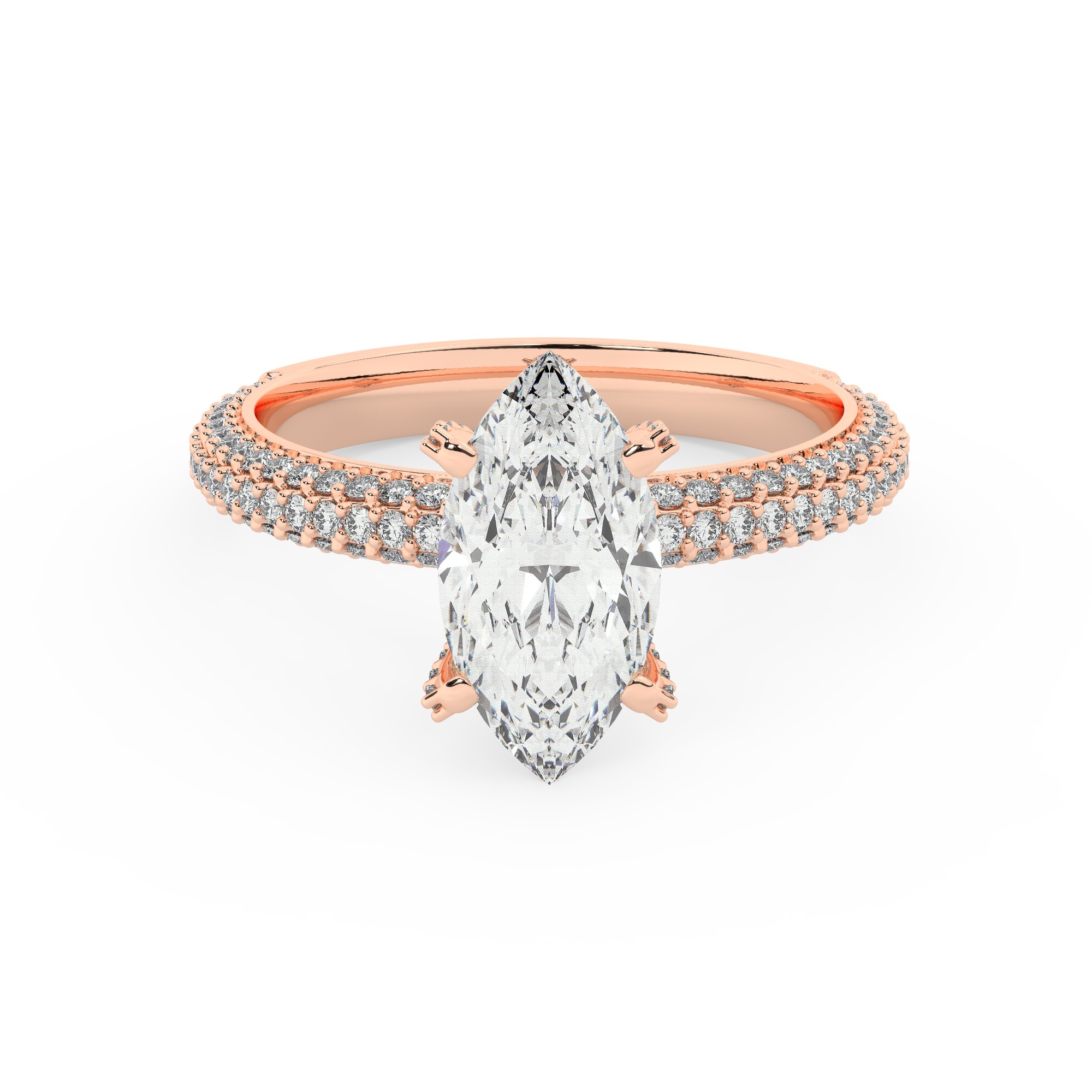 טבעת אירוסין סוליטר ויהלומים בצדדים דגם 50012 כסף מצופה זהב אדום רוזגולד במרכז אבן מעבדה מוסונייט 0.75 קראט בחיתוך מרקיזה עם תעודה גמולוגית מסביב ובצדדים אבני מעבדה מוסונייט במשקל כולל של 0.40 קראט בחיתוך עגול – תמונה 2