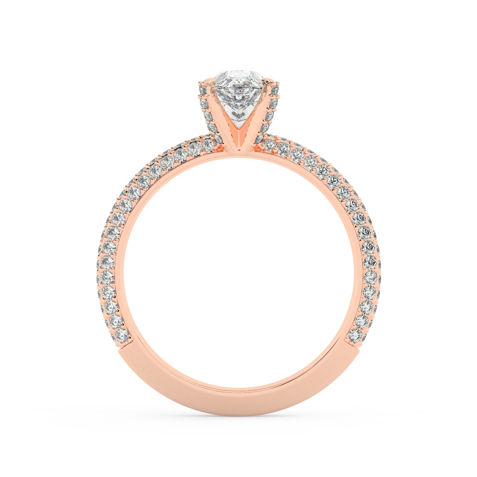 טבעת אירוסין סוליטר ויהלומים בצדדים דגם 50012 כסף מצופה זהב אדום רוזגולד במרכז יהלום מעבדה 3 קראט בחיתוך טיפה עם תעודה גמולוגית אירופאית IGI מסביב ובצדדים יהלומי מעבדה במשקל כולל של 0.40 קראט בחיתוך עגול – תמונה 3