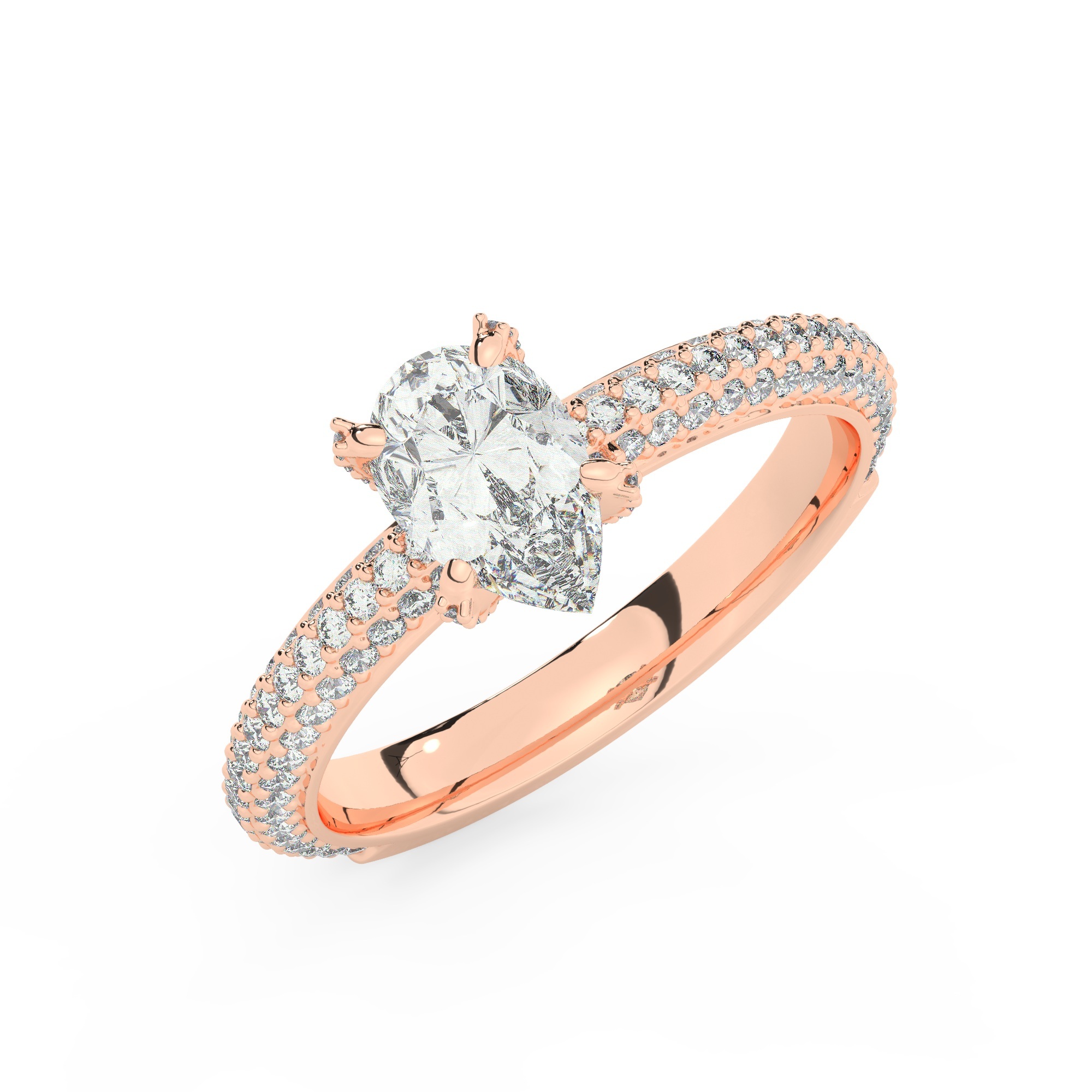 טבעת אירוסין סוליטר ויהלומים בצדדים דגם 50012 כסף מצופה זהב אדום רוזגולד במרכז יהלום מעבדה 0.50 קראט בחיתוך טיפה עם תעודה גמולוגית מסביב ובצדדים יהלומי מעבדה במשקל כולל של 0.40 קראט בחיתוך עגול