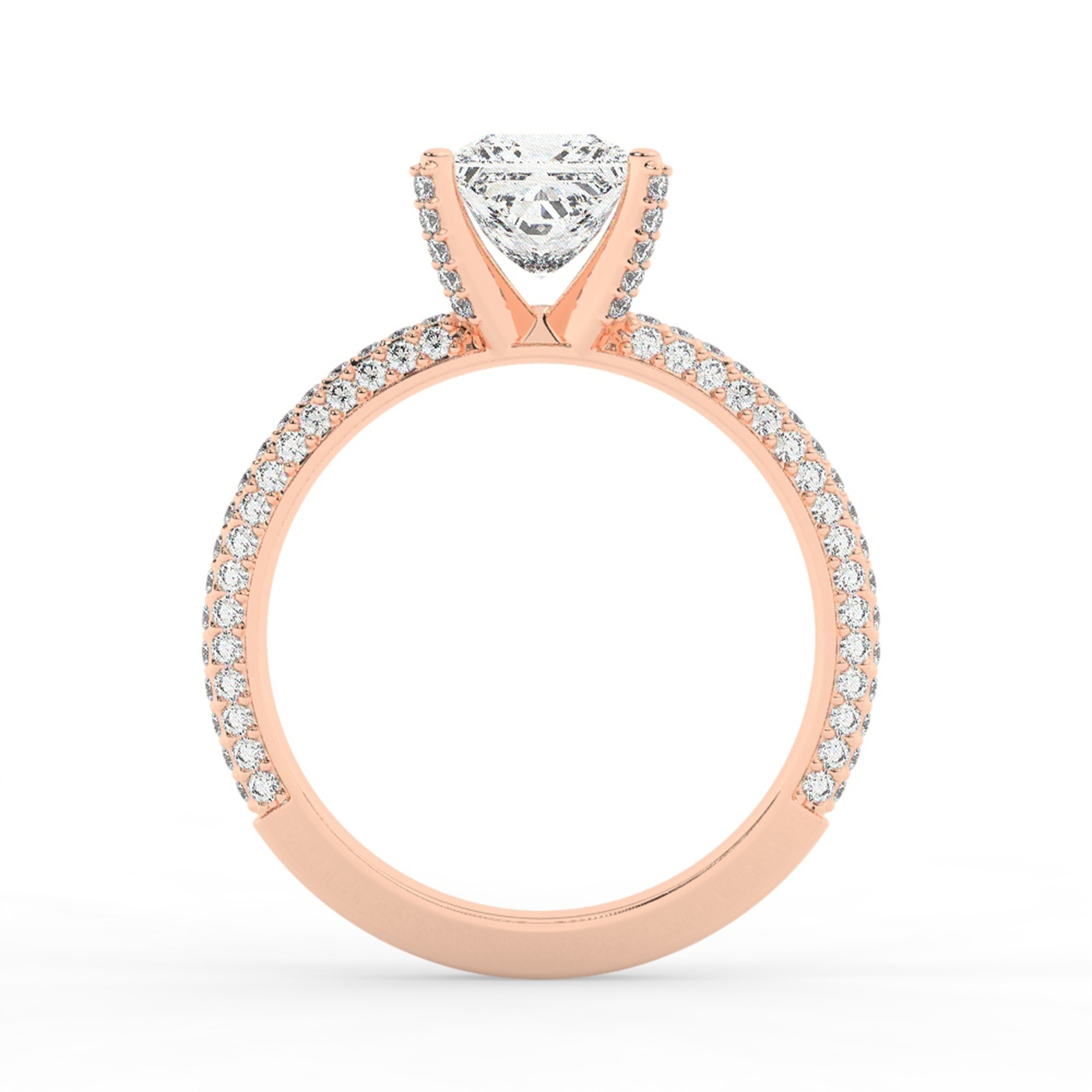 טבעת אירוסין סוליטר ויהלומים בצדדים דגם 50012 כסף מצופה זהב אדום רוזגולד במרכז אבן מעבדה מוסונייט 2 קראט בחיתוך פרינסס עם תעודה גמולוגית בינלאומית GRA מסביב ובצדדים אבני מעבדה מוסונייט במשקל כולל של 0.40 קראט בחיתוך עגול – תמונה 3