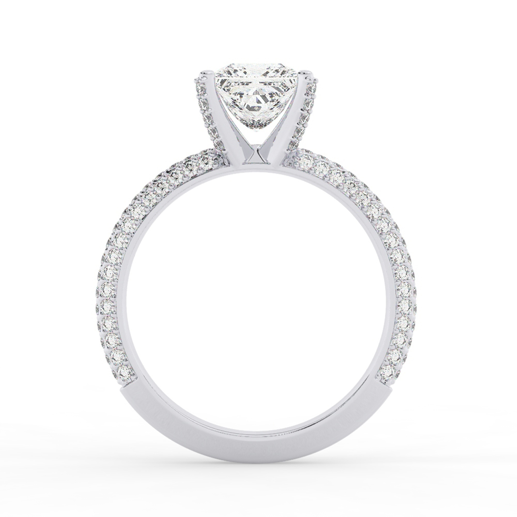 טבעת אירוסין סוליטר ויהלומים בצדדים דגם 50012 כסף מצופה זהב לבן במרכז אבן מעבדה מוסונייט 2.50 קראט בחיתוך פרינסס עם תעודה גמולוגית בינלאומית GRA מסביב ובצדדים אבני מעבדה מוסונייט במשקל כולל של 0.40 קראט בחיתוך עגול – תמונה 3