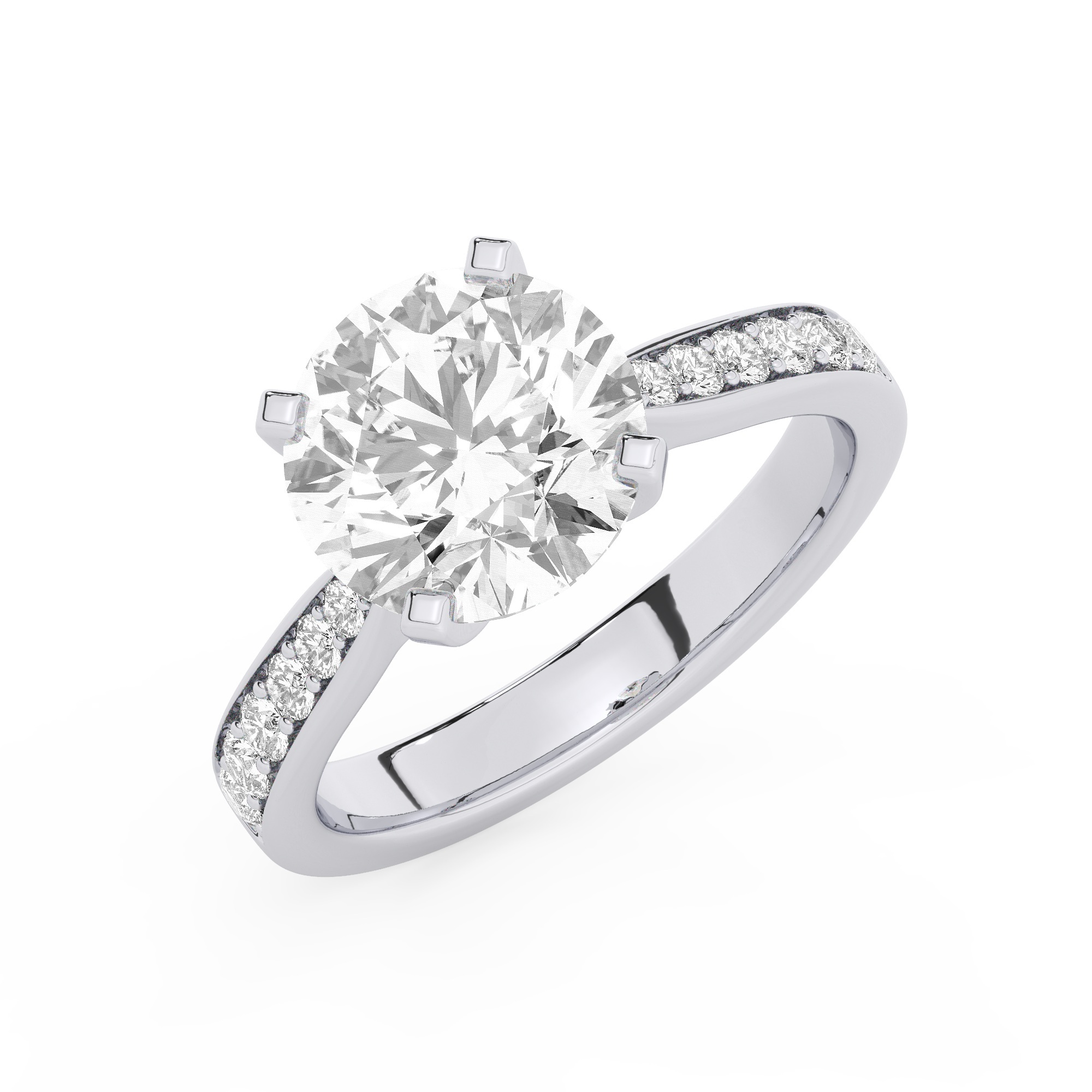 טבעת אירוסין סוליטר ומוסונייט בצדדים דגם 50017 כסף מצופה זהב לבן במרכז אבן מעבדה מוסונייט 4 קראט בחיתוך עגול עם תעודה גמולוגית בינלאומית GRA מסביב ובצדדים אבני מעבדה מוסונייט במשקל כולל של 0.15 קראט בחיתוך עגול