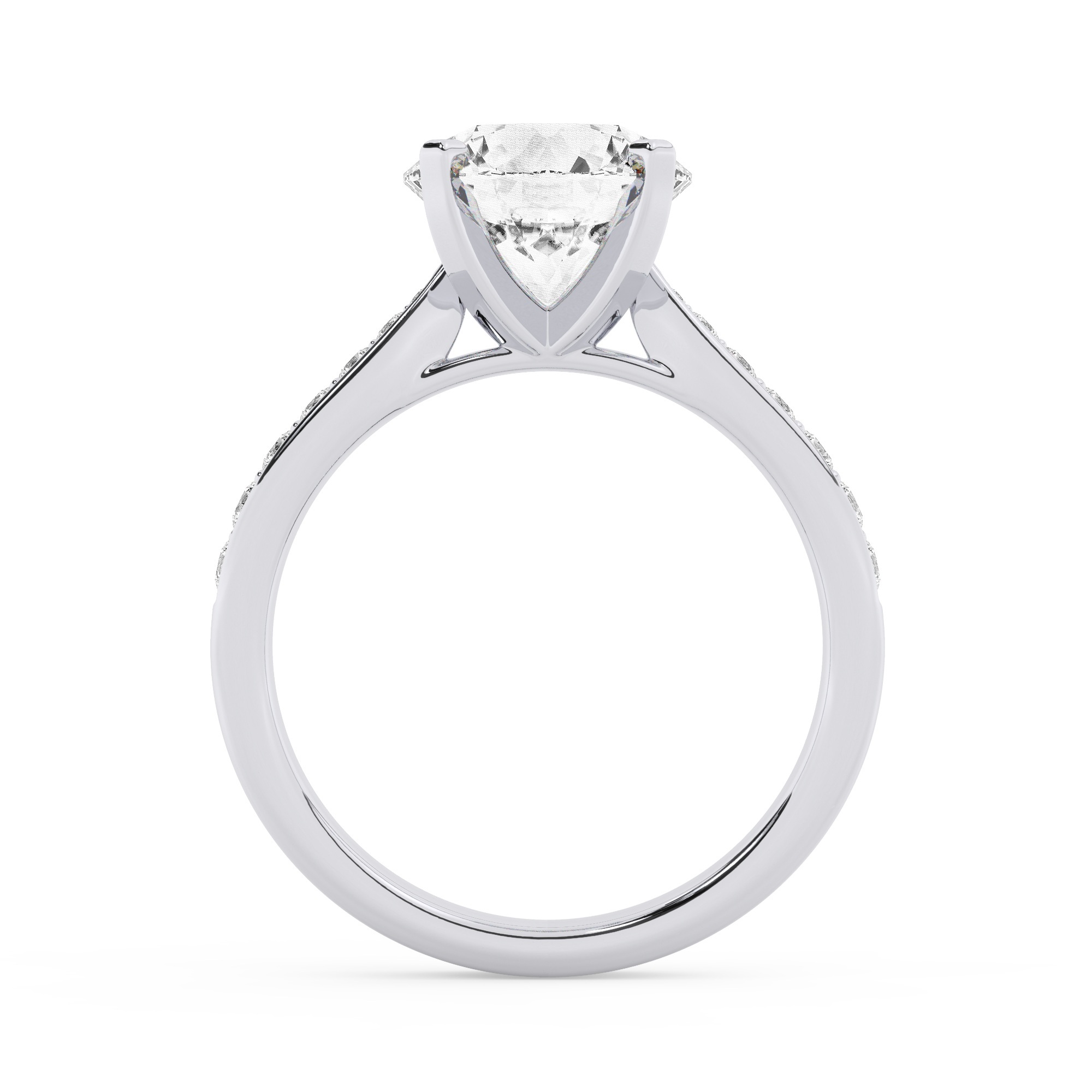 טבעת אירוסין סוליטר ומוסונייט בצדדים דגם 50017 כסף מצופה זהב לבן במרכז אבן מעבדה מוסונייט 4 קראט בחיתוך עגול עם תעודה גמולוגית בינלאומית GRA מסביב ובצדדים אבני מעבדה מוסונייט במשקל כולל של 0.15 קראט בחיתוך עגול – תמונה 3