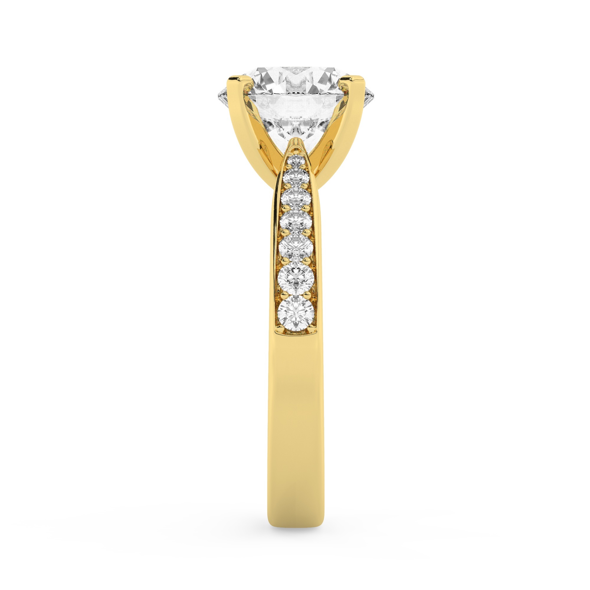 טבעת אירוסין סוליטר ומוסונייט בצדדים דגם 50017 כסף מצופה זהב צהוב במרכז אבן מעבדה מוסונייט 4 קראט בחיתוך עגול עם תעודה גמולוגית בינלאומית GRA מסביב ובצדדים אבני מעבדה מוסונייט במשקל כולל של 0.15 קראט בחיתוך עגול – תמונה 4