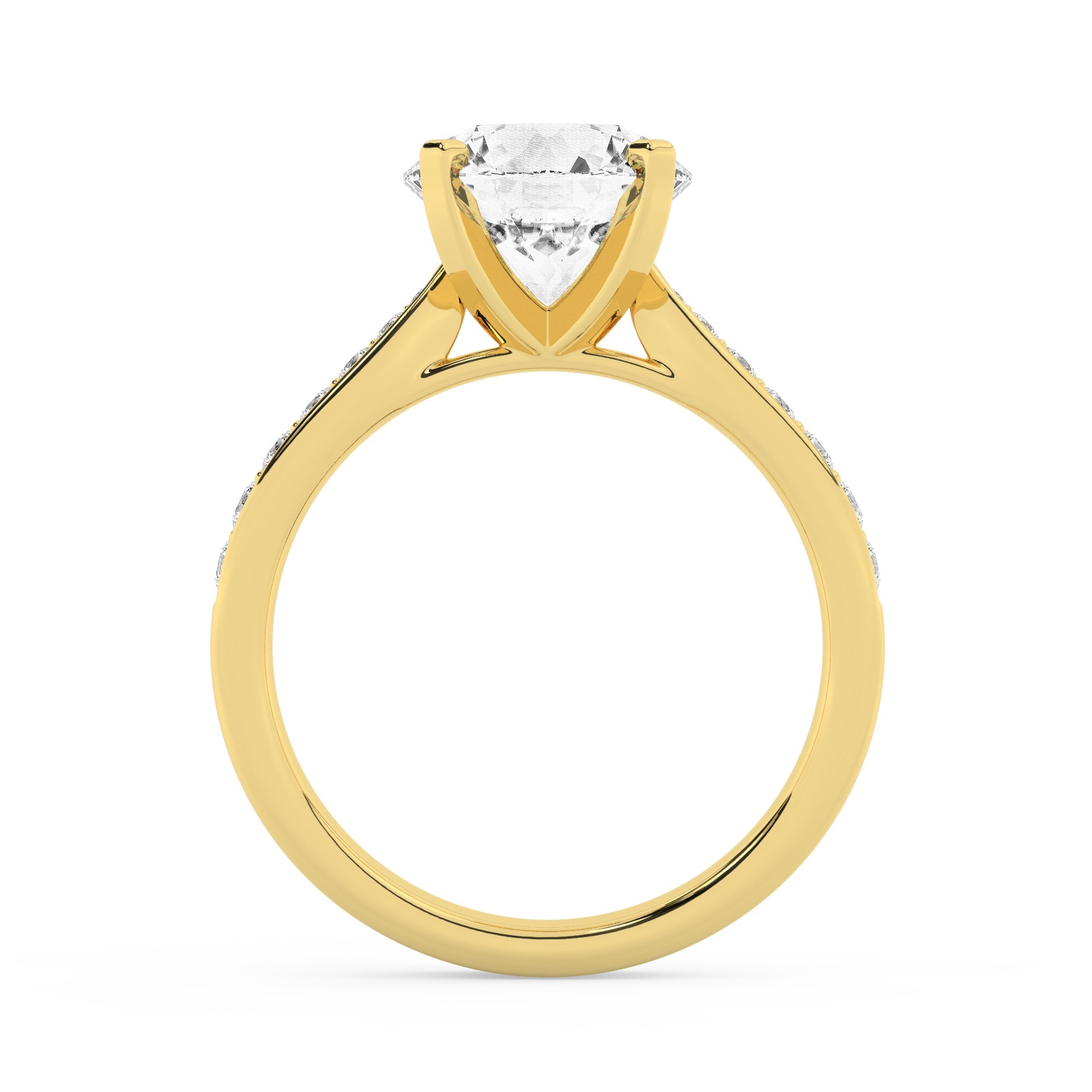 טבעת אירוסין סוליטר ומוסונייט בצדדים דגם 50017 כסף מצופה זהב צהוב במרכז אבן מעבדה מוסונייט 5 קראט בחיתוך עגול עם תעודה גמולוגית בינלאומית GRA מסביב ובצדדים אבני מעבדה מוסונייט במשקל כולל של 0.15 קראט בחיתוך עגול – תמונה 3