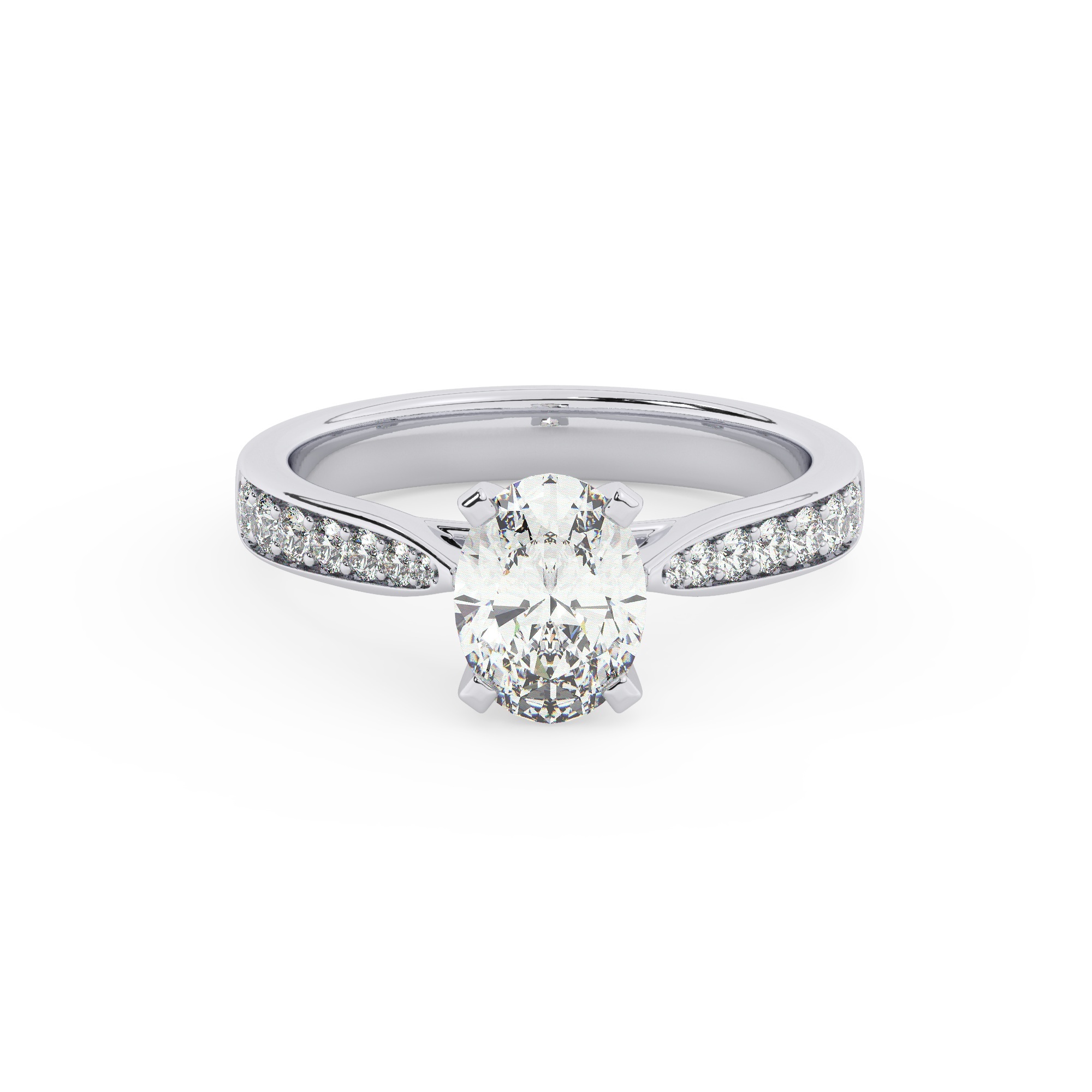 טבעת אירוסין סוליטר ויהלומים בצדדים דגם 50017 כסף מצופה זהב לבן במרכז יהלום מעבדה 1.50 קראט בחיתוך אובל עם תעודה גמולוגית אירופאית IGI מסביב ובצדדים יהלומי מעבדה במשקל כולל של 0.15 קראט בחיתוך עגול – תמונה 2